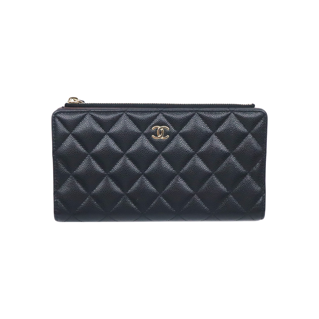 IT9HLGH6MU7Q Hermes AP3877 Black Caviar Skin Classic Gold CC Logo Zip Wallet (with Chip)
