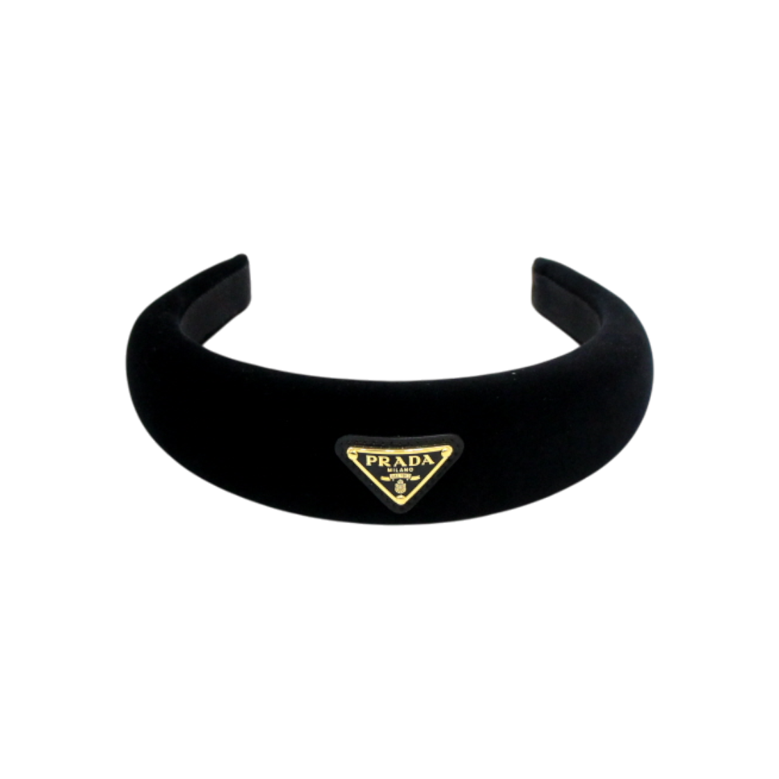 IT7IS6ETNGIU Prada Black Velvet Gold Triangle Logo Headband