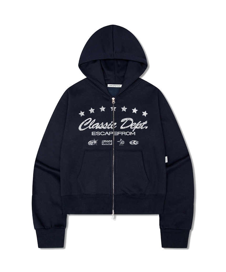 이스케이프프롬 기모 클래식 뎁트 프린트 스탠다드핏 투웨이 후드집업 네이비(Escapefrom Fleece Classic Depth Print Standard Fit Two-Way Hoodie Zip-Up Navy)