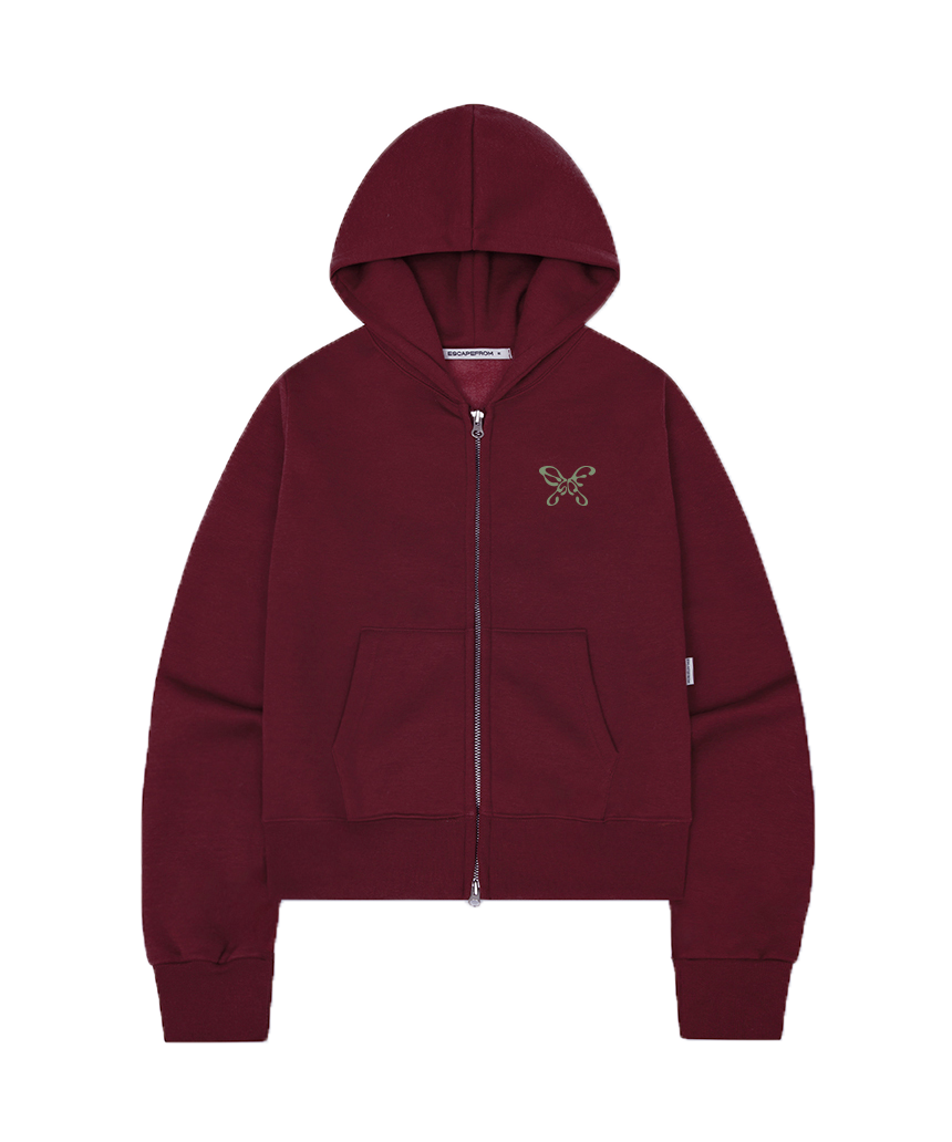 E252SHZ014RD Escapefrom Fleece Butterfly Logo Print Standard Fit Two-Way Hoodie Zip-Up Red