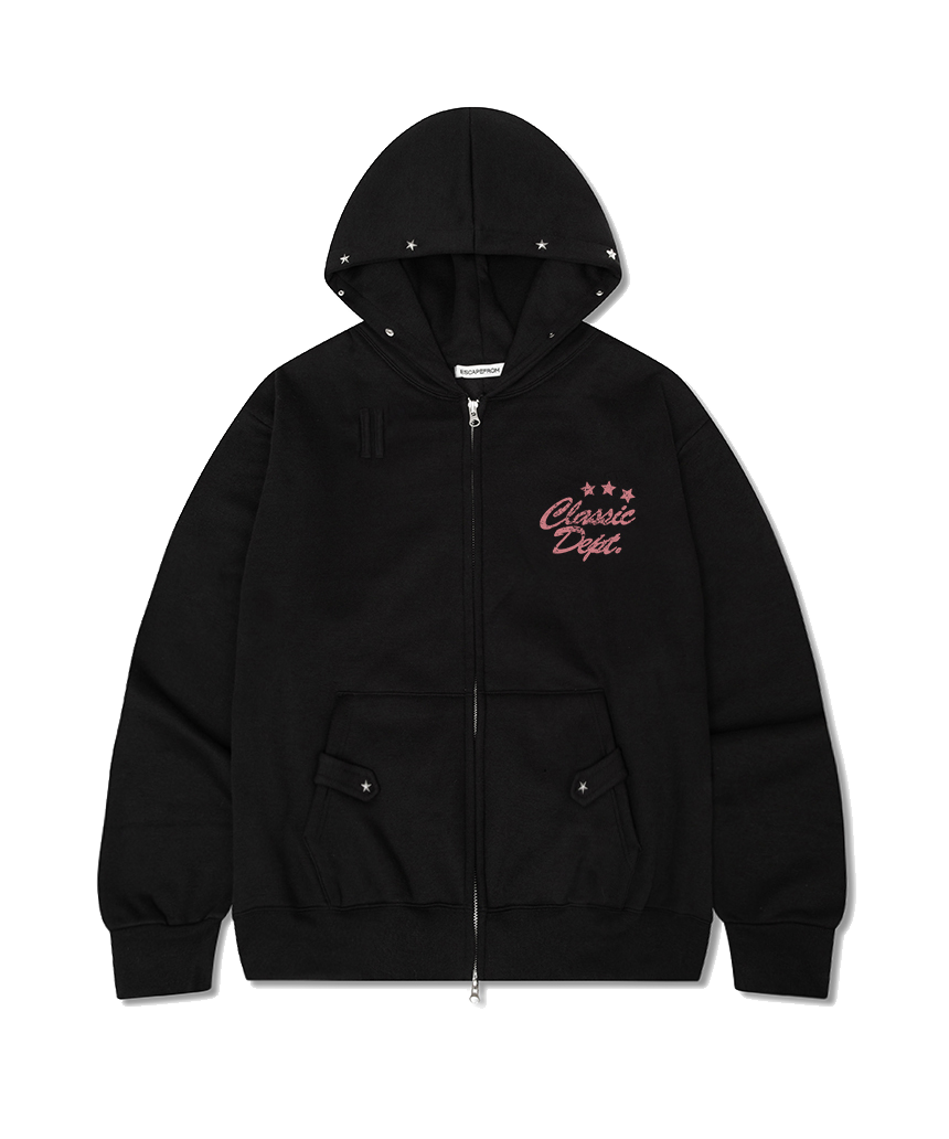 이스케이프프롬 클래식 뎁트 프린트 별 리벳 포인트 기모 투웨이 후드집업 블랙(Escapefrom Classic Depth Print Star Rivet Fleece Two-Way Hoodie Zip-Up Black)