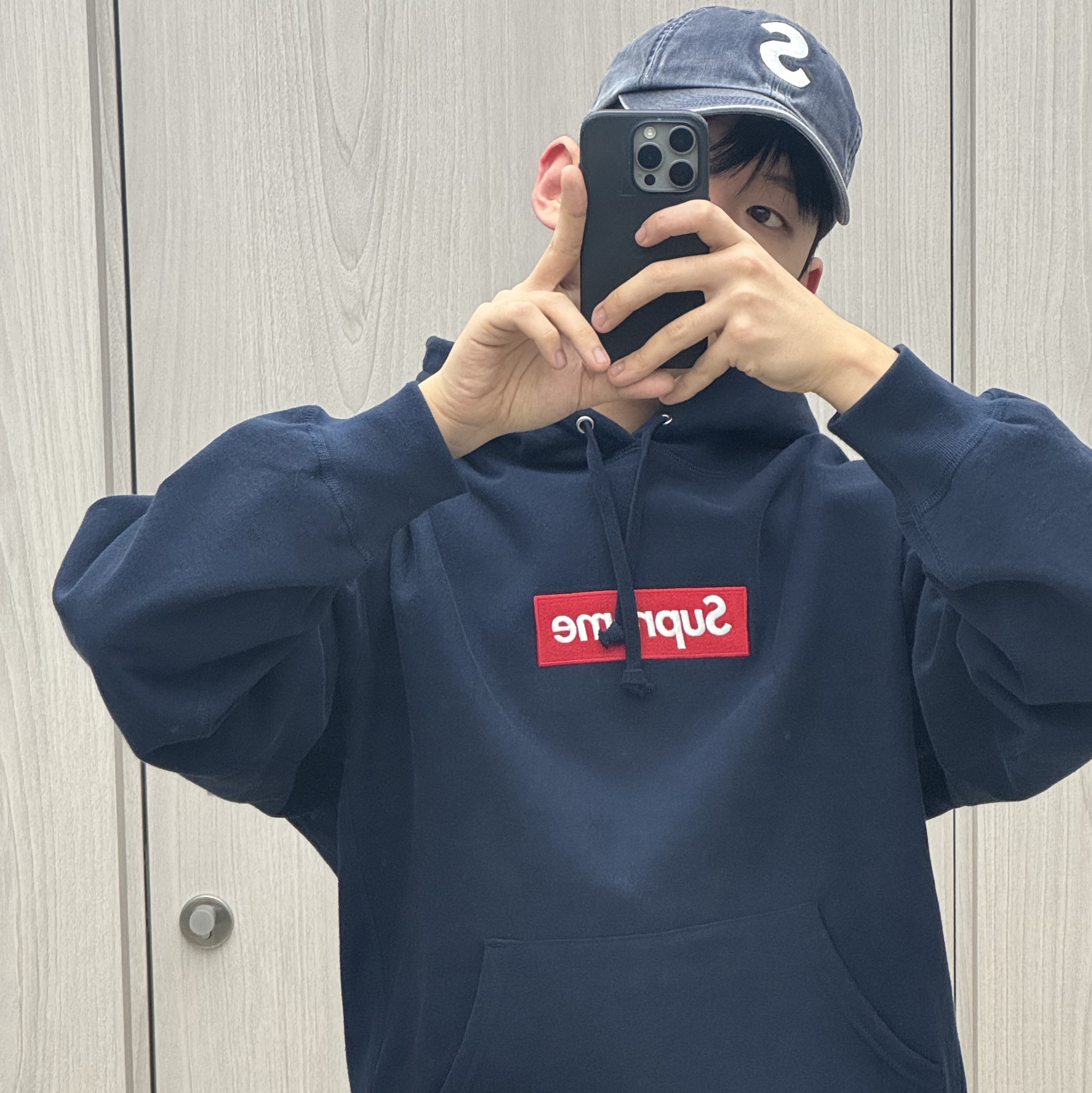 Supreme Box Logo Hooded Sweatshirt Navy - 24FW 착용 스타일
