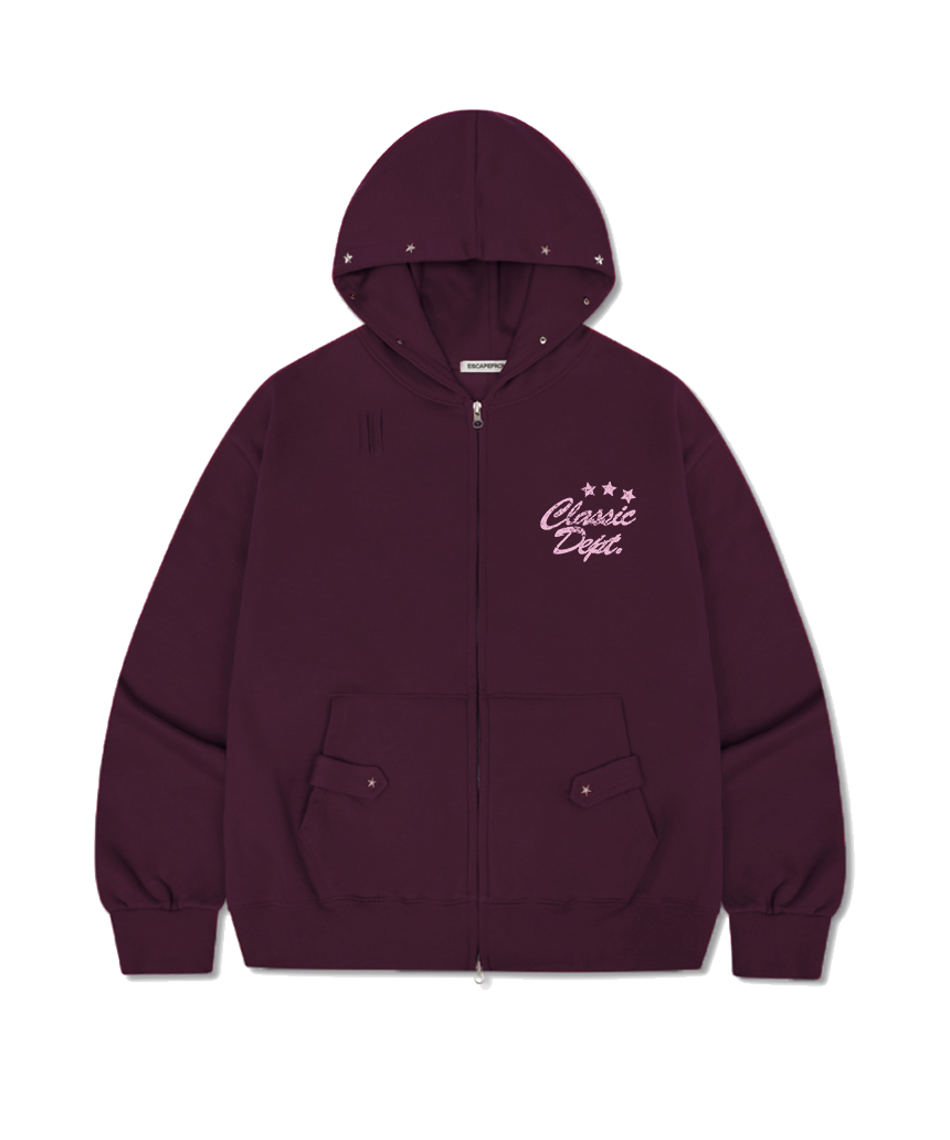 E252THZ003BG Escapefrom Classic Depth Print Star Rivet Fleece Two-Way Hoodie Zip-Up Burgundy