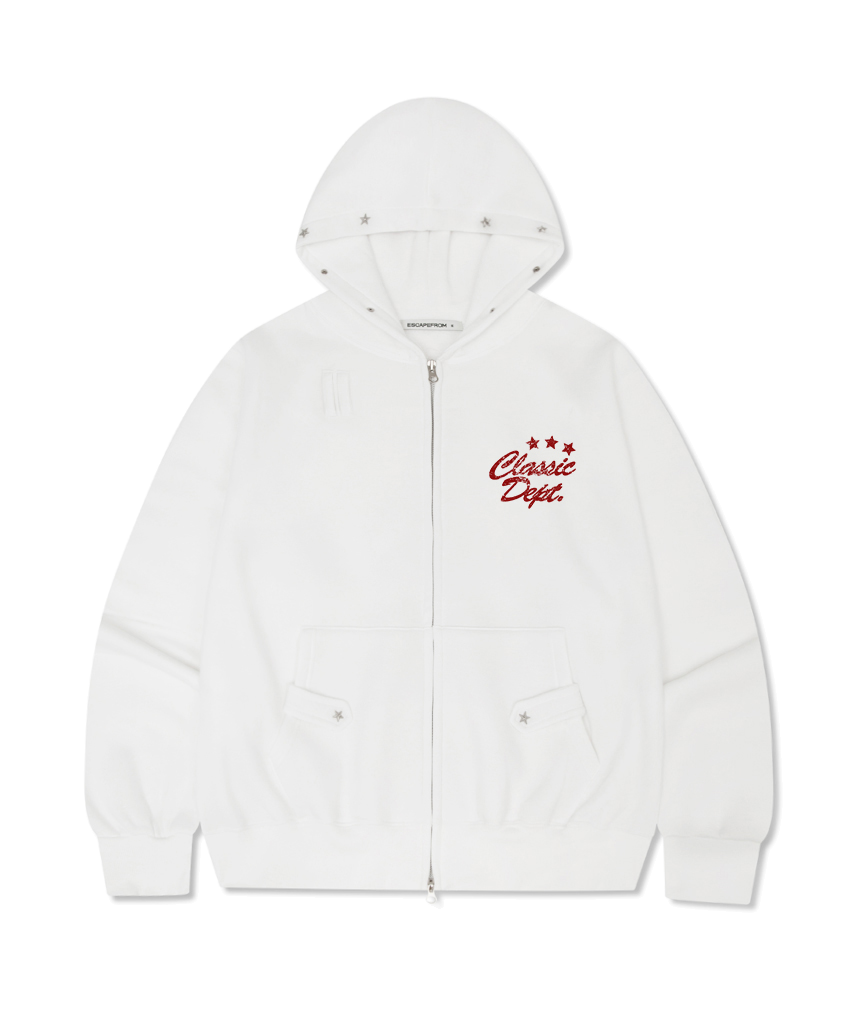 이스케이프프롬 클래식 뎁트 프린트 별 리벳 포인트 기모 투웨이 후드집업 화이트(Escapefrom Classic Depth Print Star Rivet Fleece Two-Way Hoodie Zip-Up White)