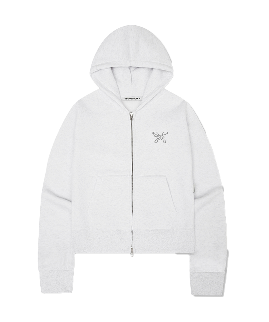 E252SHZ012WM Escapefrom Fleece Butterfly Logo Print Standard Fit Two-Way Hoodie Zip-Up White Melange