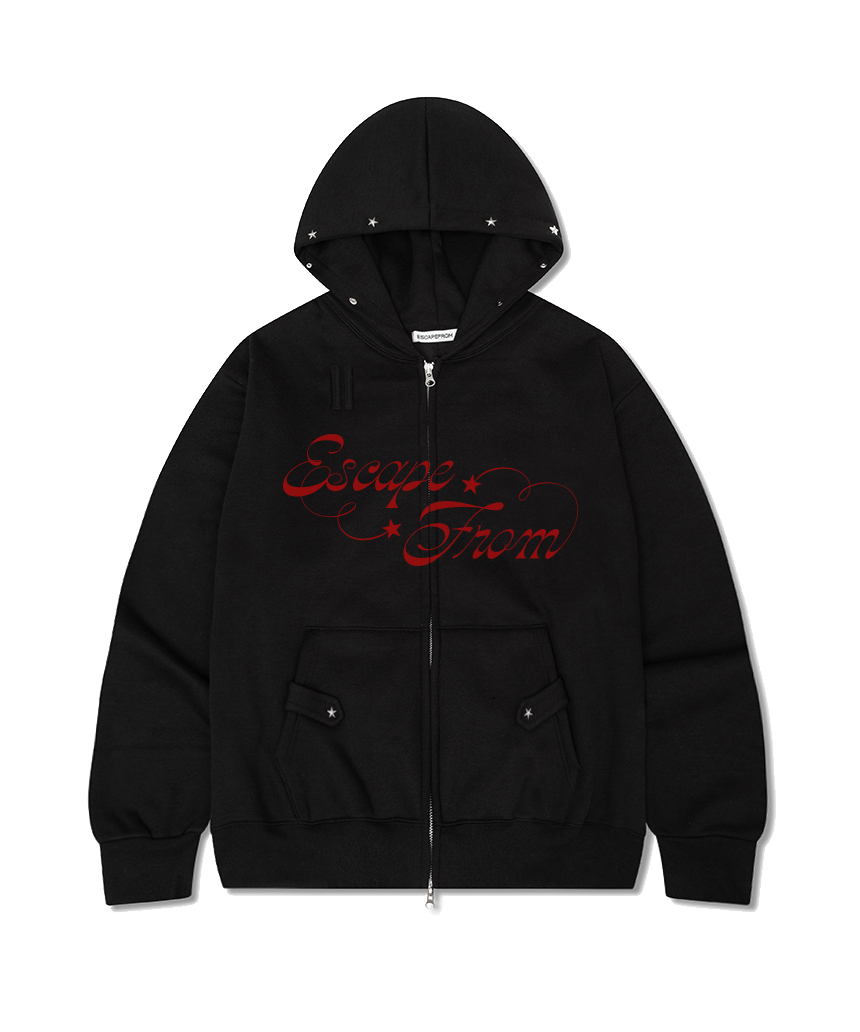 E252THZ006BK Escapefrom Bouncy Star Print Star Rivet Fleece Two-Way Hoodie Zip-Up Black