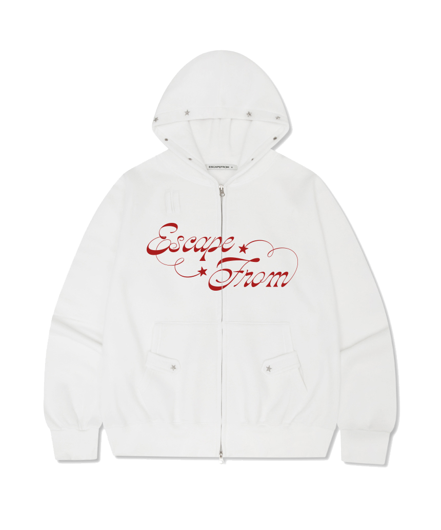 이스케이프프롬 바운시 스타 프린트 별 리벳 포인트 기모 투웨이 후드집업 화이트(Escapefrom Bouncy Star Print Star Rivet Fleece Two-Way Hoodie Zip-Up White)