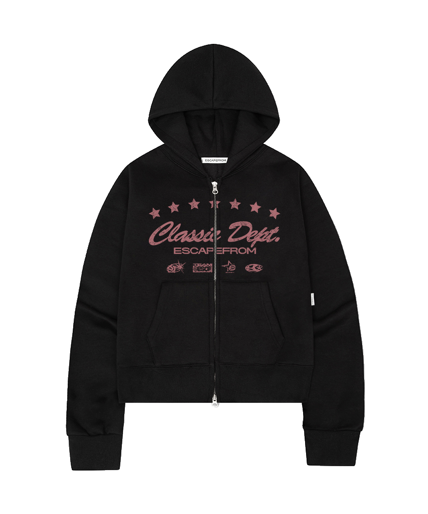 E252SHZ001BK Escapefrom Fleece Classic Depth Print Standard Fit Two-Way Hoodie Zip-Up Black