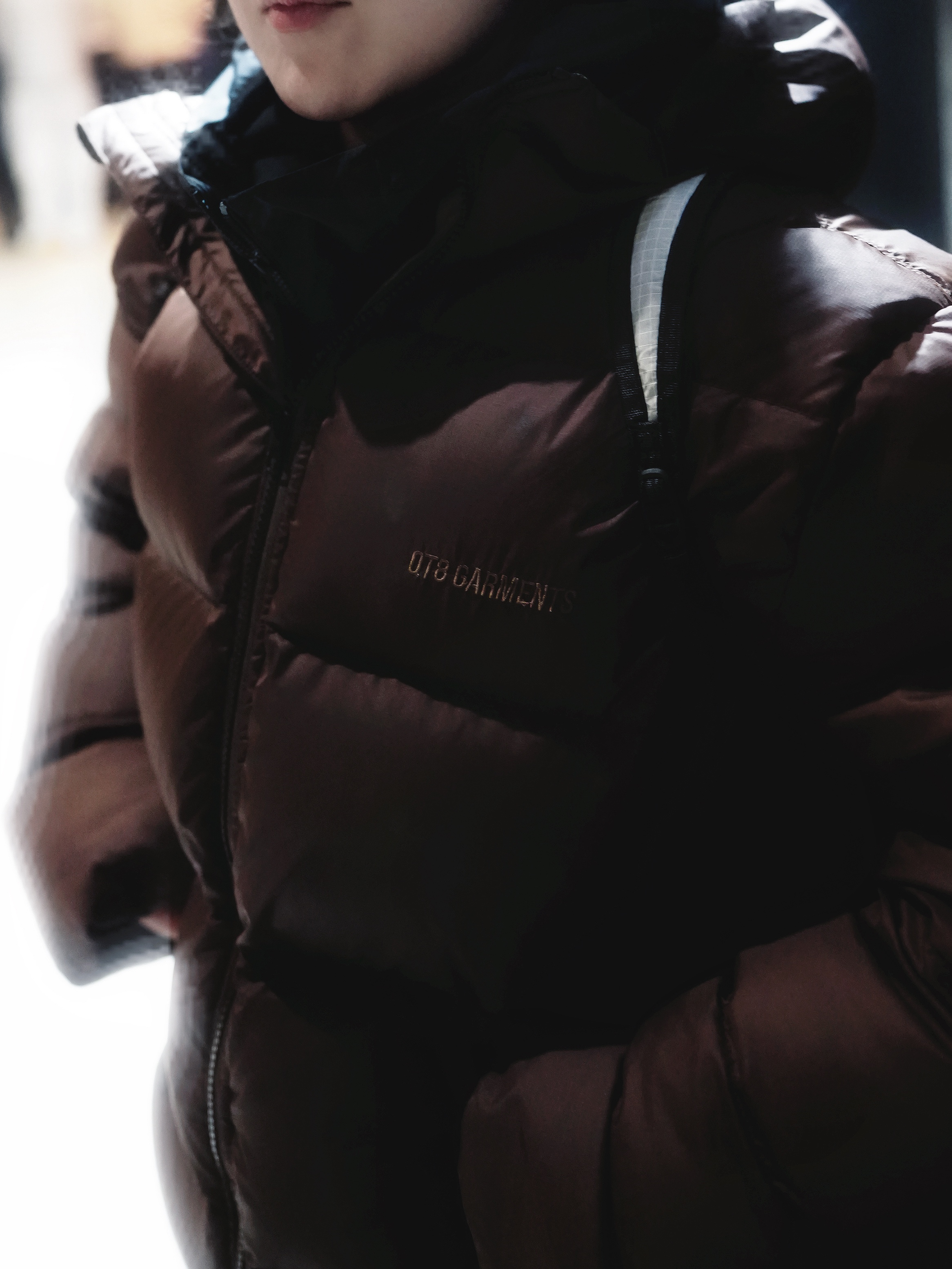 QT8 GARMENTS Duck Down Heavyweight Hoodie Jacket Brown 착용 스타일 - 2