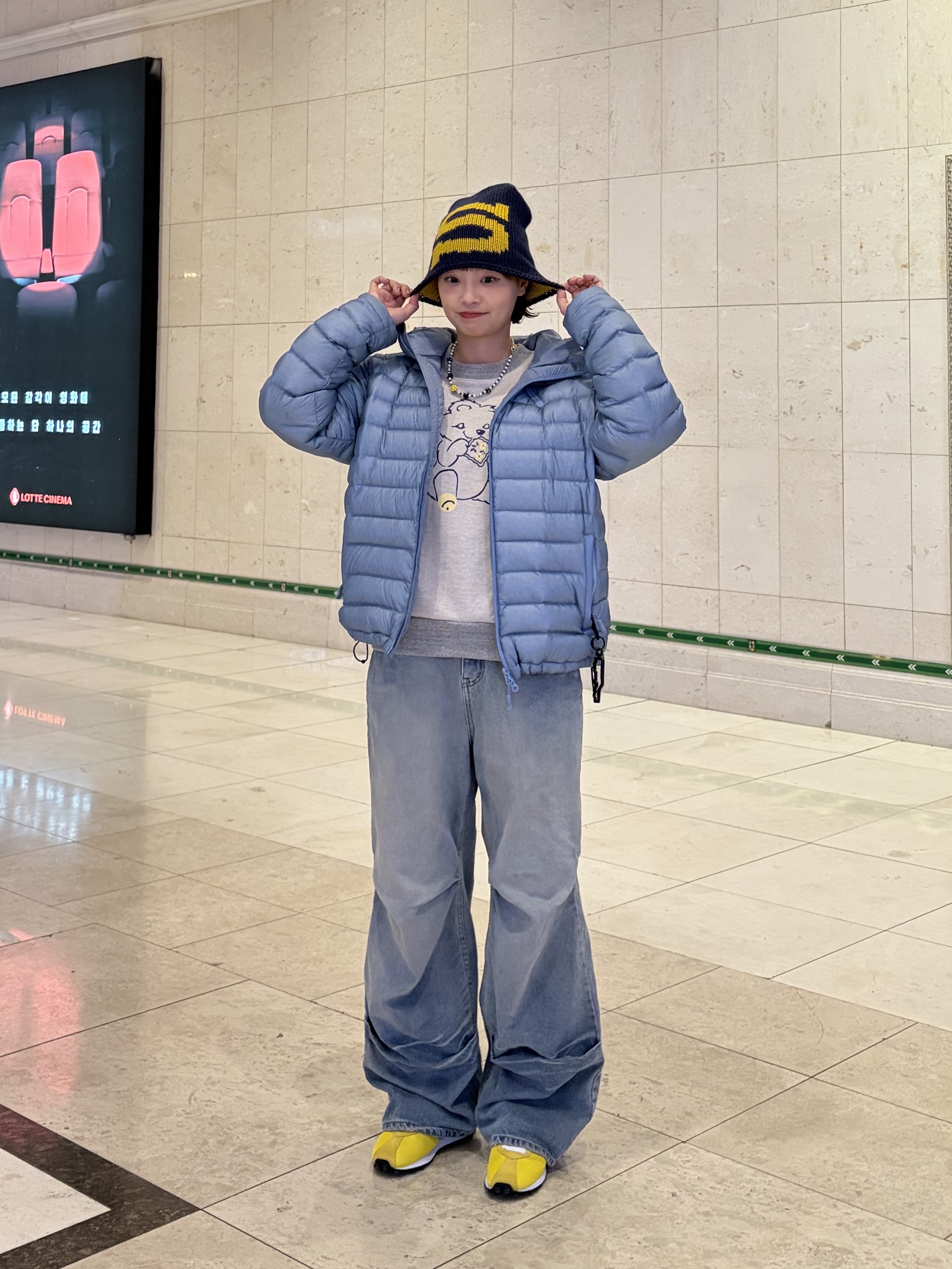 Sansan Gear Suffix Puffer Jacket Sky Blue - 24FW, Kapital Top Fleece Crew Sweatshirt Peckish Little Bear Patch Kinari Gray 착용 스타일 - 1