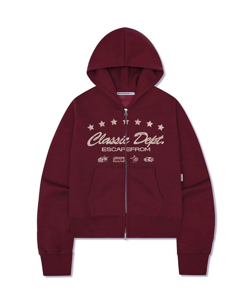 이스케이프프롬 기모 클래식 뎁트 프린트 스탠다드핏 투웨이 후드집업 레드(Escapefrom Fleece Classic Depth Print Standard Fit Two-Way Hoodie Zip-Up Red)