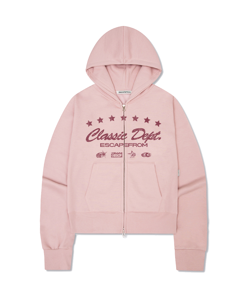 E252SHZ005PN Escapefrom Fleece Classic Depth Print Standard Fit Two-Way Hoodie Zip-Up Pink