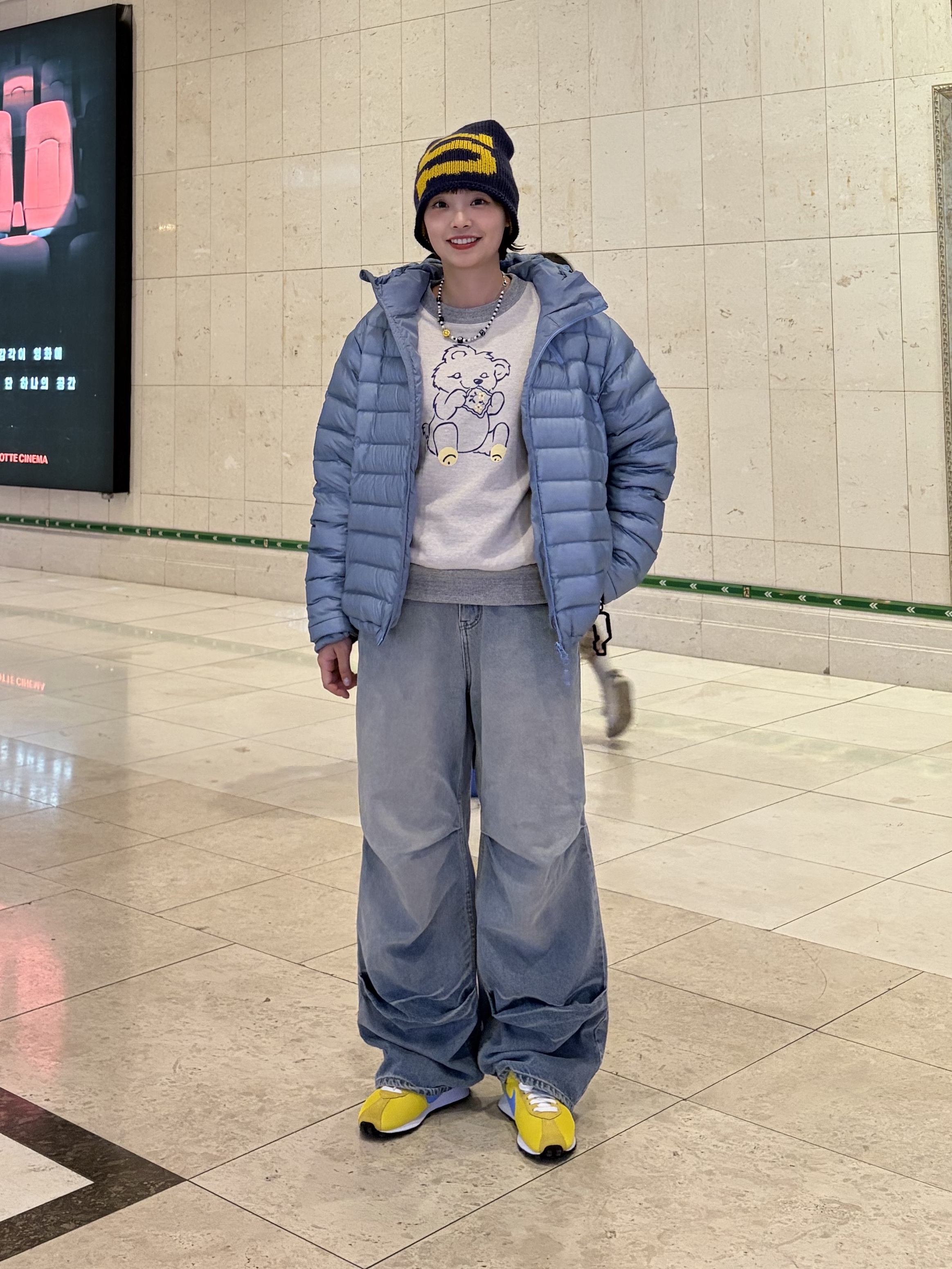 Sansan Gear Suffix Puffer Jacket Sky Blue - 24FW, Kapital Top Fleece Crew Sweatshirt Peckish Little Bear Patch Kinari Gray 착용 스타일 - 2