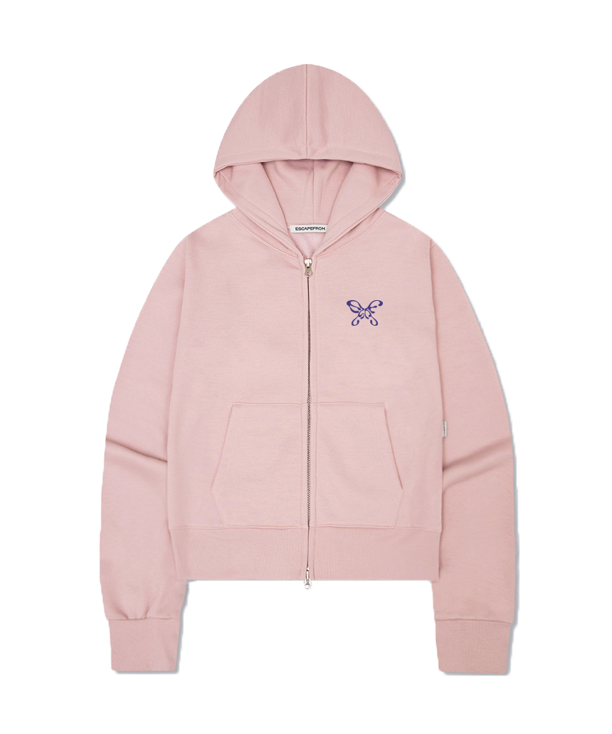 E252SHZ015PN Escpaefrom Fleece Butterfly Logo Print Standard Fit Two-Way Hoodie Zip-Up Pink