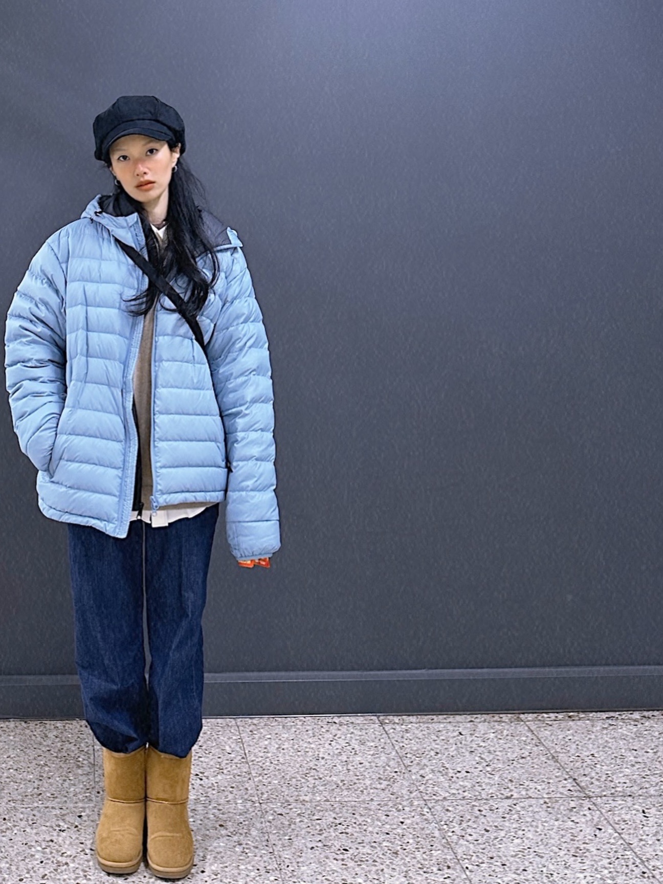 QT8 GARMENTS Duck Down Lightweight Jacket Sky Blue 착용 스타일 - 1