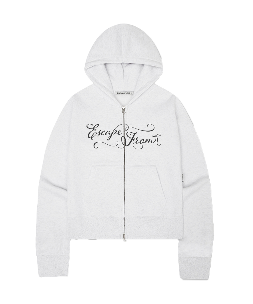 이스케이프프롬 기모 캘리 리본 로고 스탠다드핏 투웨이 후드집업 화이트멜란지(Escapefrom Fleece Cali Ribbon Logo Standard Fit Two-Way Hoodie Zip-Up White Melange)