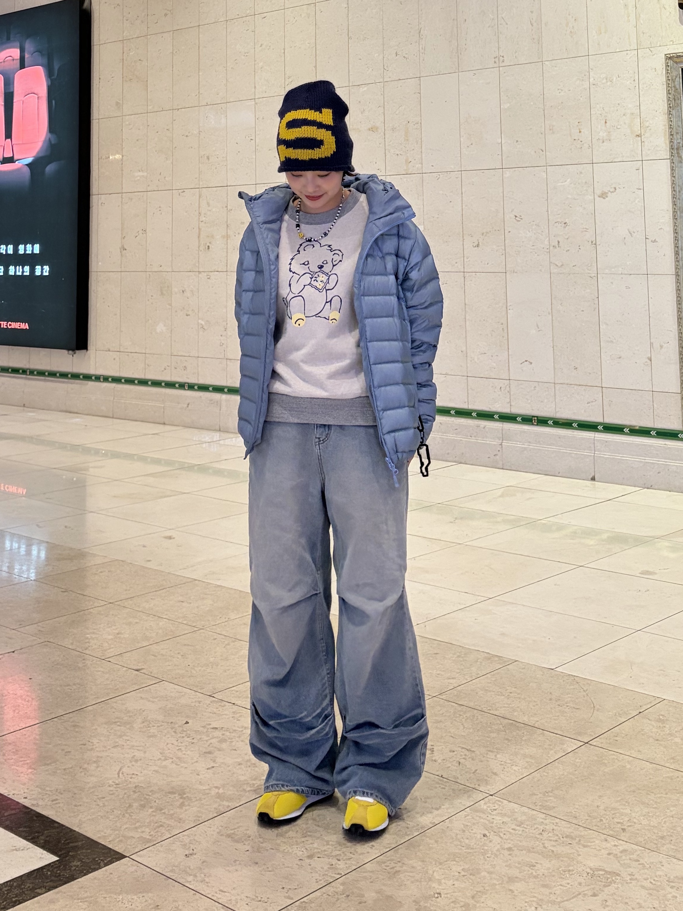 Sansan Gear Suffix Puffer Jacket Sky Blue - 24FW, Kapital Top Fleece Crew Sweatshirt Peckish Little Bear Patch Kinari Gray 착용 스타일 - 3