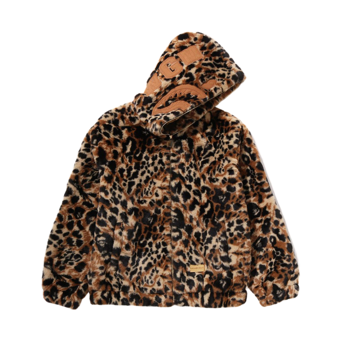 - BAPE Wild Leopard Pattern Faux Fur Shark Full Zip Jacket Beige