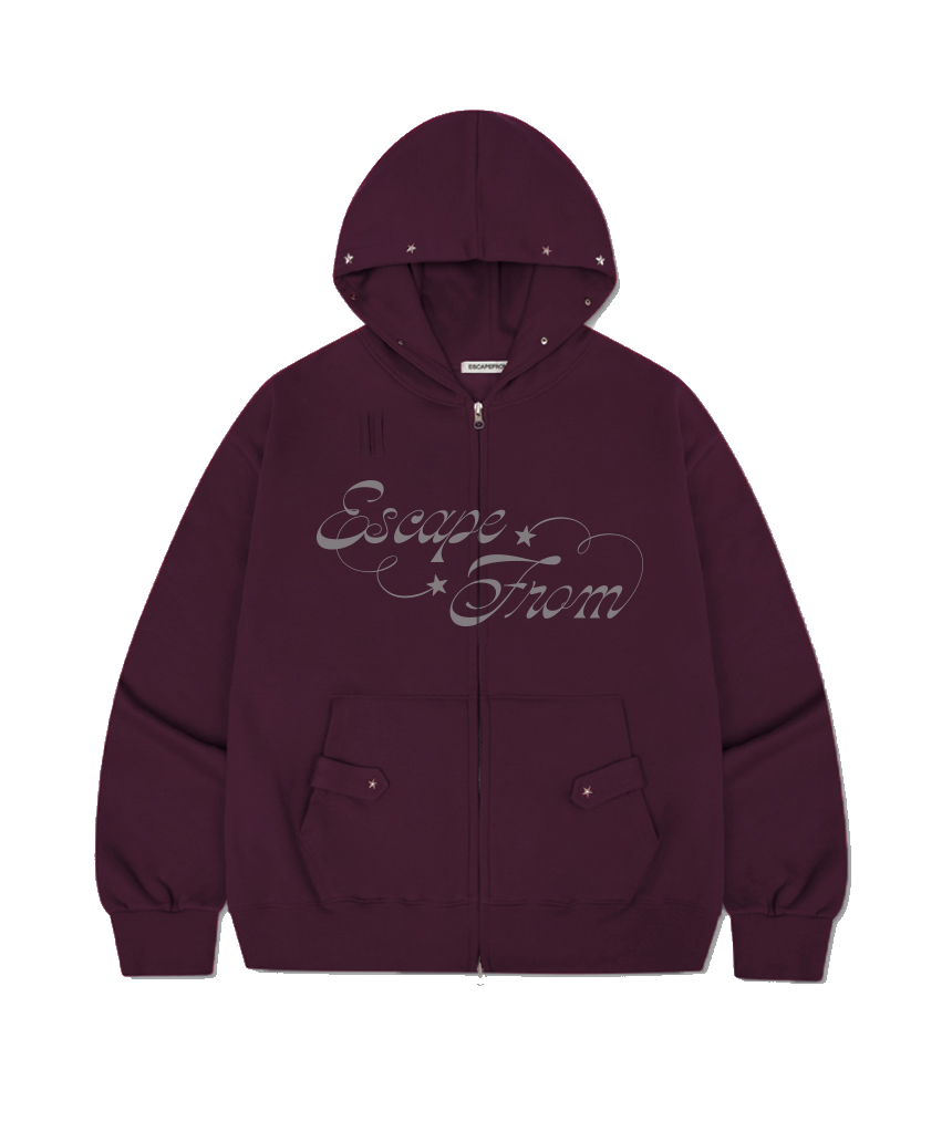 이스케이프프롬 바운시 스타 프린트 별 리벳 포인트 기모 투웨이 후드집업 버건디(Escapefrom Bouncy Star Print Star Rivet Fleece Two-Way Hoodie Zip-Up Burgundy)