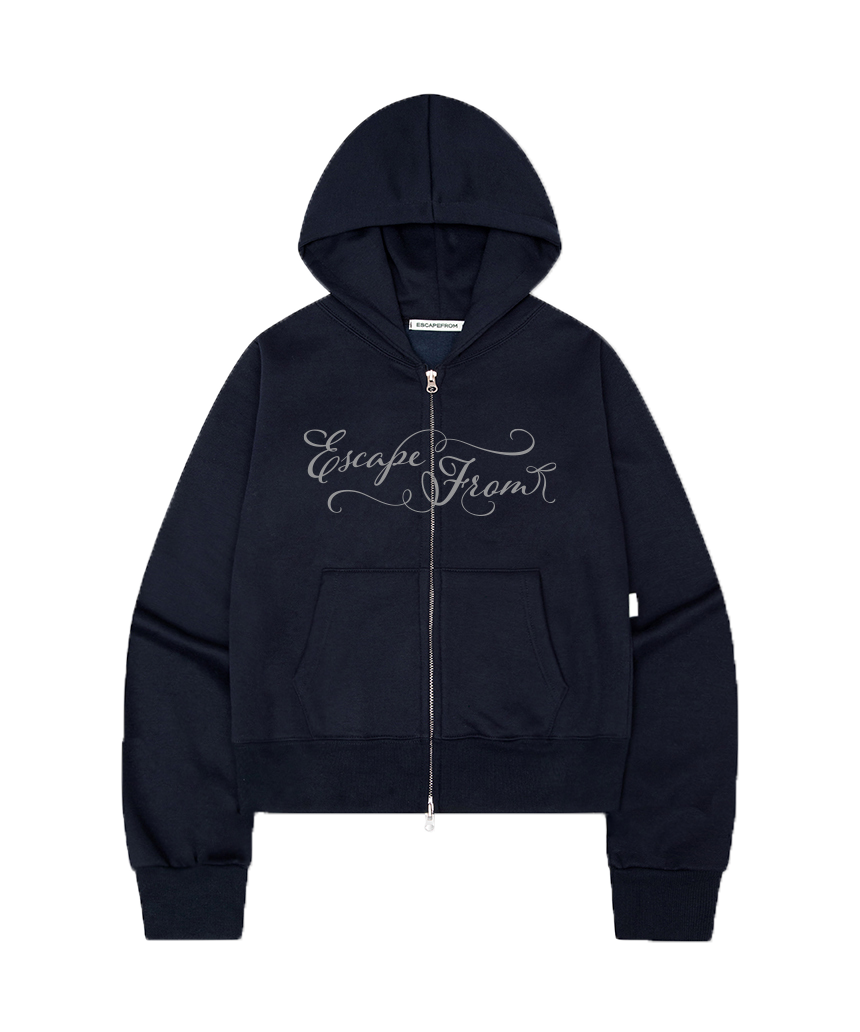 이스케이프프롬 기모 캘리 리본 로고 스탠다드핏 투웨이 후드집업 네이비(Escapefrom Fleece Cali Ribbon Logo Standard Fit Two-Way Hoodie Zip-Up Navy)