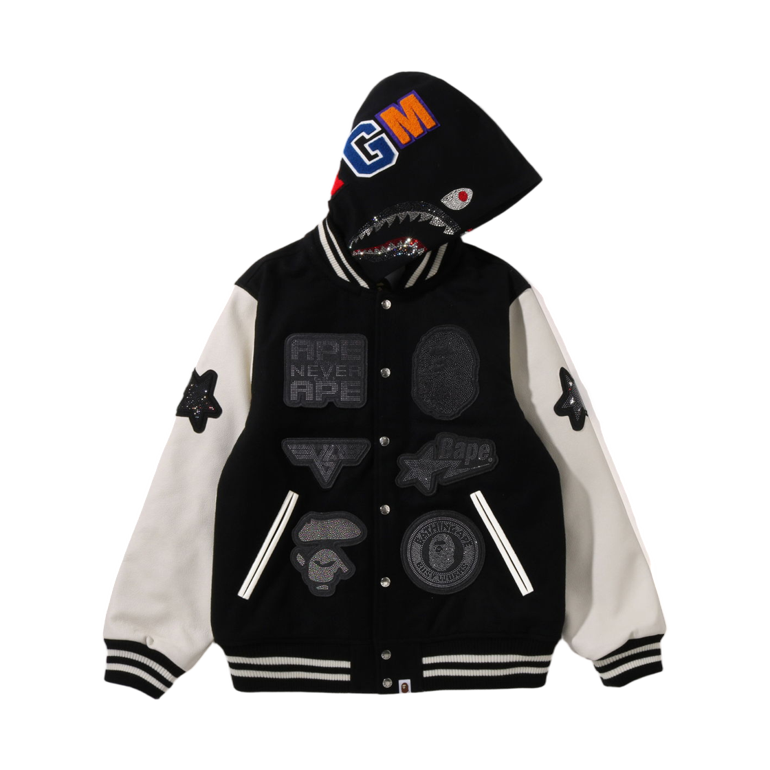 베이프 x 스와로브스키 디테처블 후드 바시티 자켓 블랙(BAPE x Swarovski Detachable Hoodie Varsity Jacket Black)
