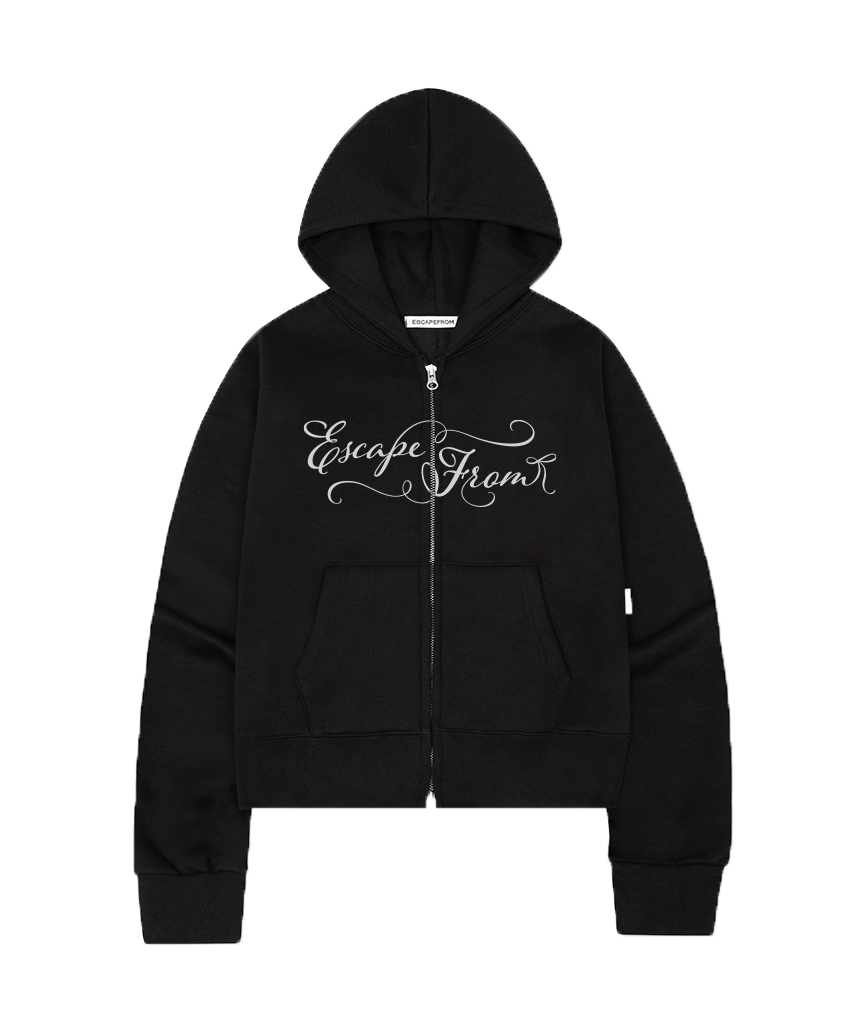 E252SHZ006BK Escapefrom Fleece Cali Ribbon Logo Standard Fit Two-Way Hoodie Zip-Up Black