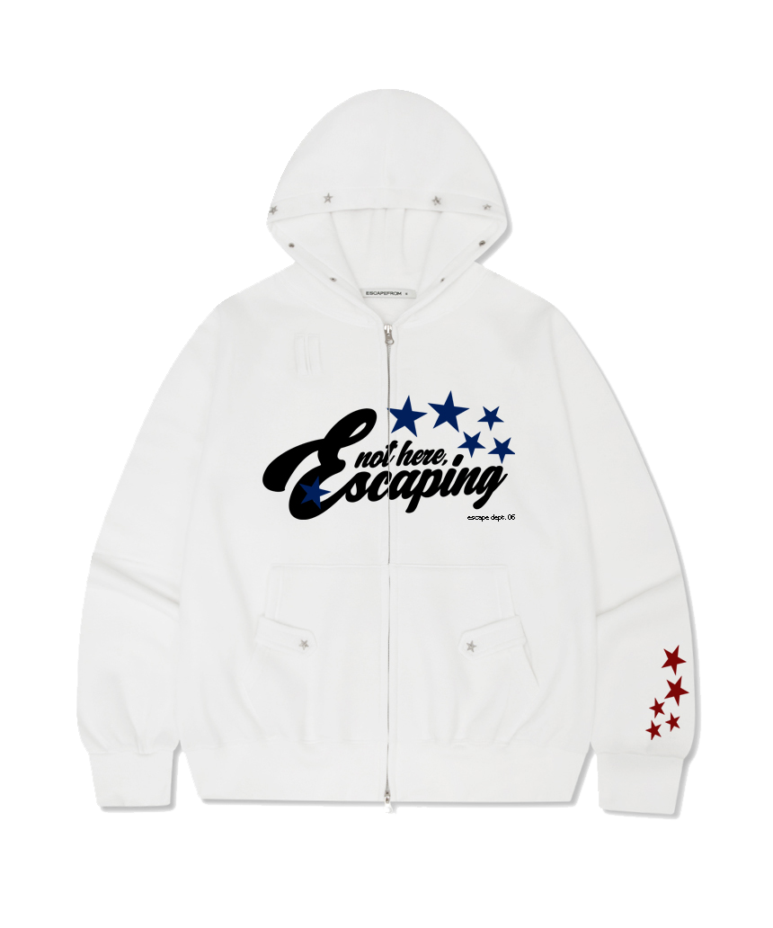 E252THZ005WH Escapefrom Not Here Print Star Rivet Fleece Two-Way Hoodie Zip-Up White
