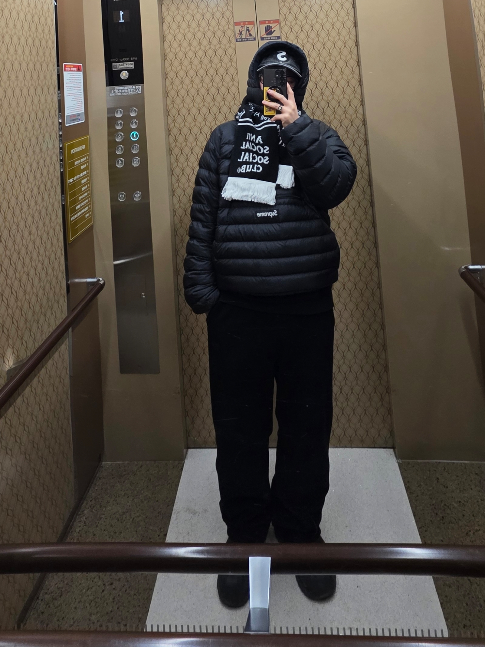 Supreme Pigment S Logo 6-Panel Black - 24FW, Supreme Micro Down Half Zip Hooded Pullover Black - 23FW 착용 스타일