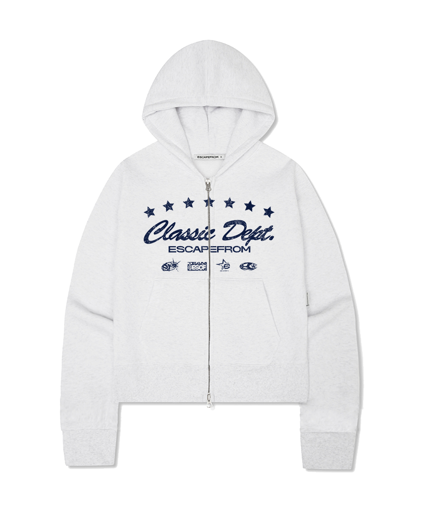이스케이프프롬 기모 클래식 뎁트 프린트 스탠다드핏 투웨이 후드집업 화이트멜란지(Escapefrom Fleece Classic Depth Print Standard Fit Two-Way Hoodie Zip-Up White Melange)
