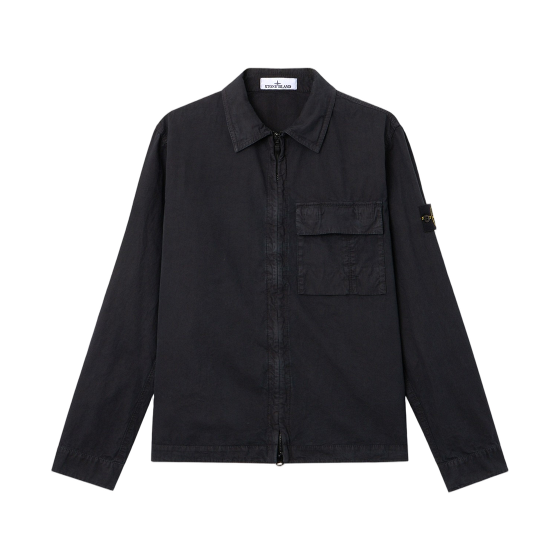 스톤 아일랜드 1200008 브러쉬드 오가닉 코튼 캔버스 올드 이펙트 레귤러 핏 집 업 오버셔츠 포켓 네이비 블루 - 26SS