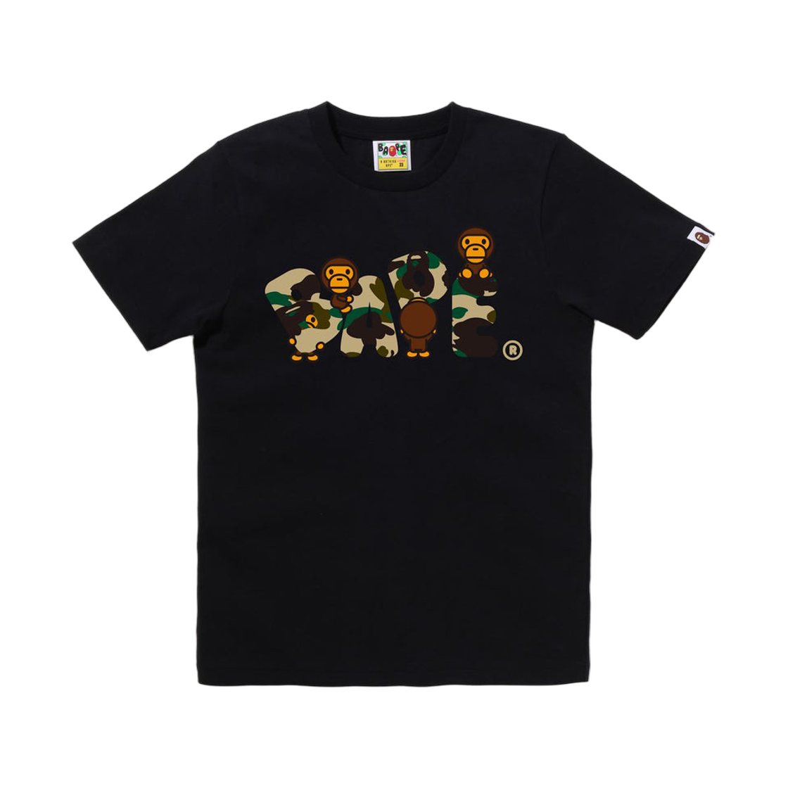 (W) 베이프 퍼스트 카모 마일로 베이프 로고 티셔츠 블랙 옐로우((W) BAPE 1st Camo Milo Bape Logo T-Shirt Black Yellow) - 1