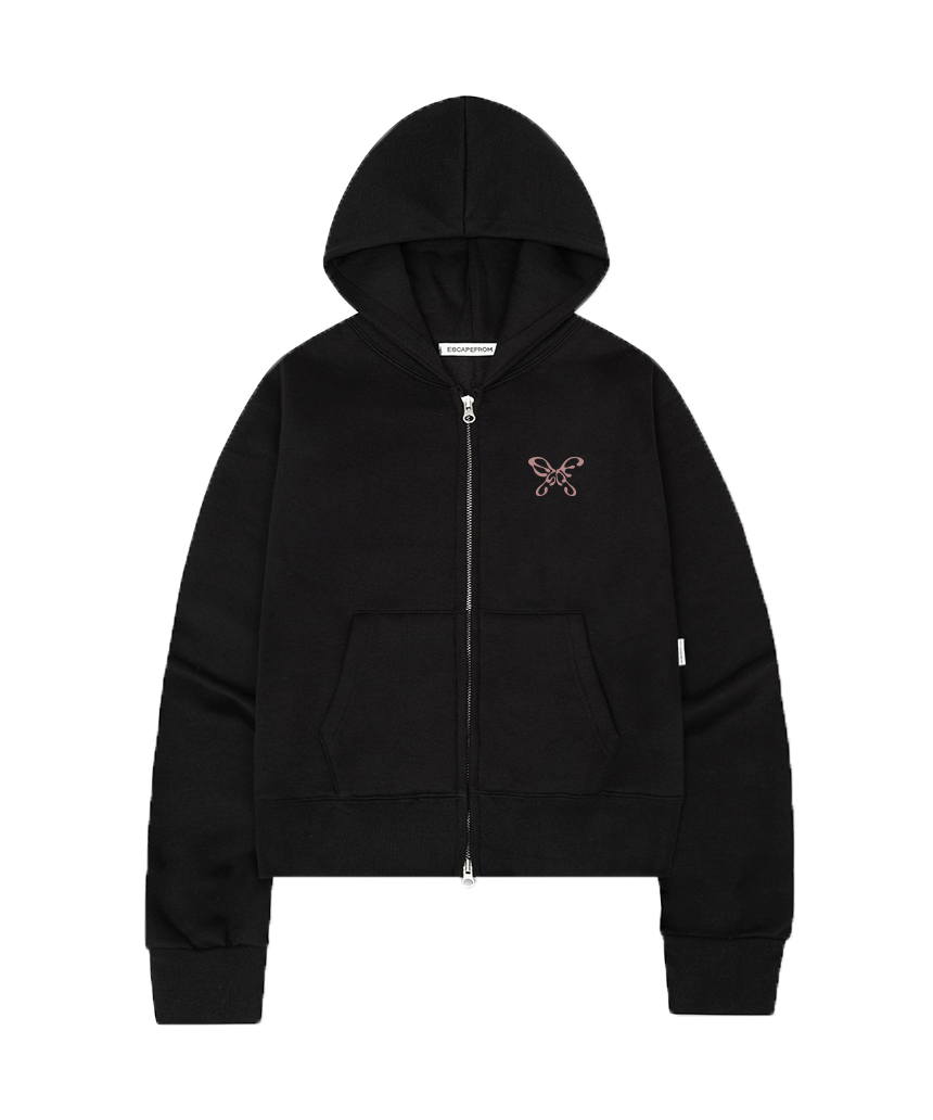 E252SHZ011BK Escapefrom Fleece Butterfly Logo Print Standard Fit Two-Way Hoodie Zip-Up Black