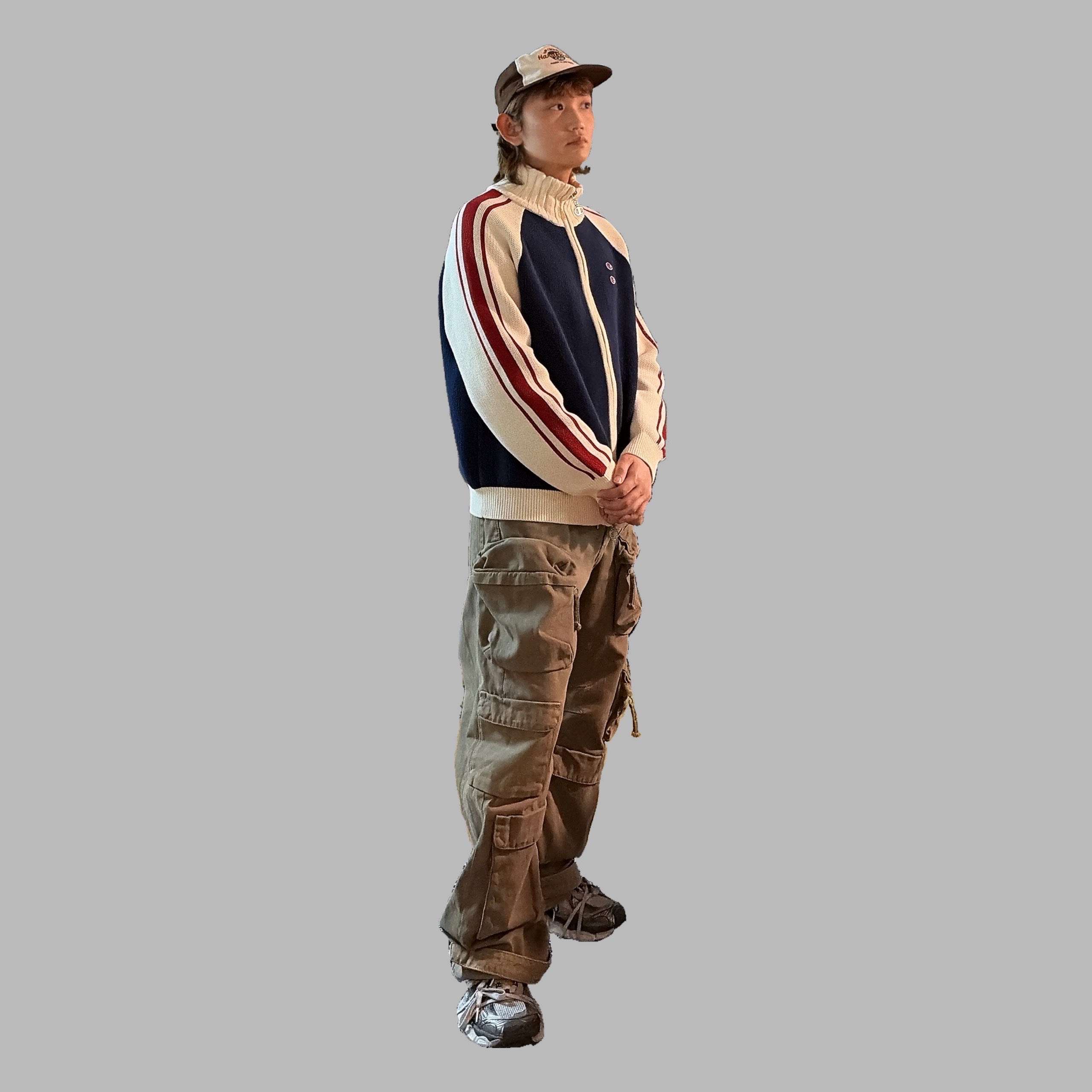 Zara x Champion Color Block Stripe Cardigan Navy Blue, Zara Utility Pocket Pants Sand 착용 스타일 - 1