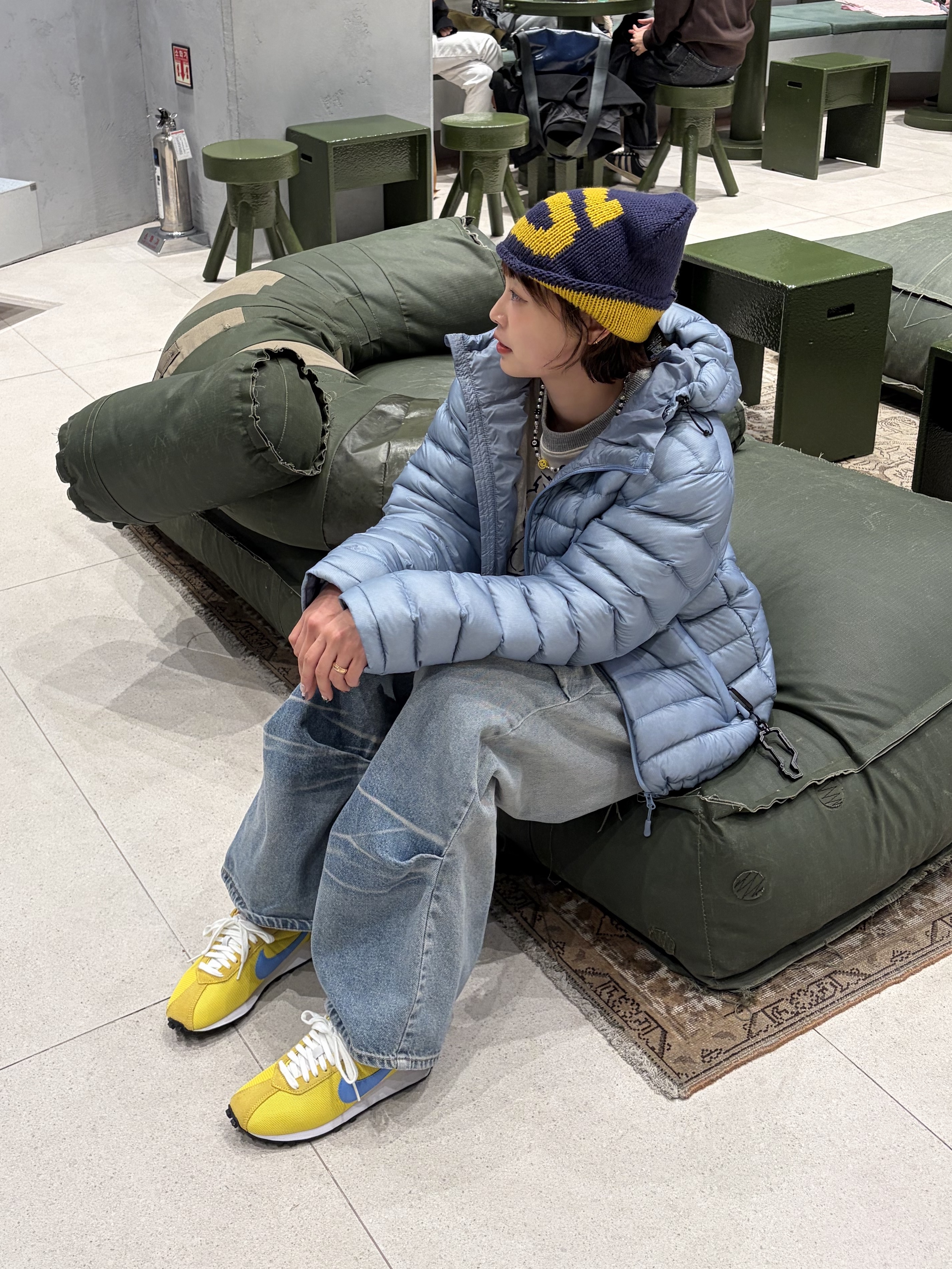 Sansan Gear Suffix Puffer Jacket Sky Blue - 24FW, Kapital Top Fleece Crew Sweatshirt Peckish Little Bear Patch Kinari Gray 착용 스타일 - 2