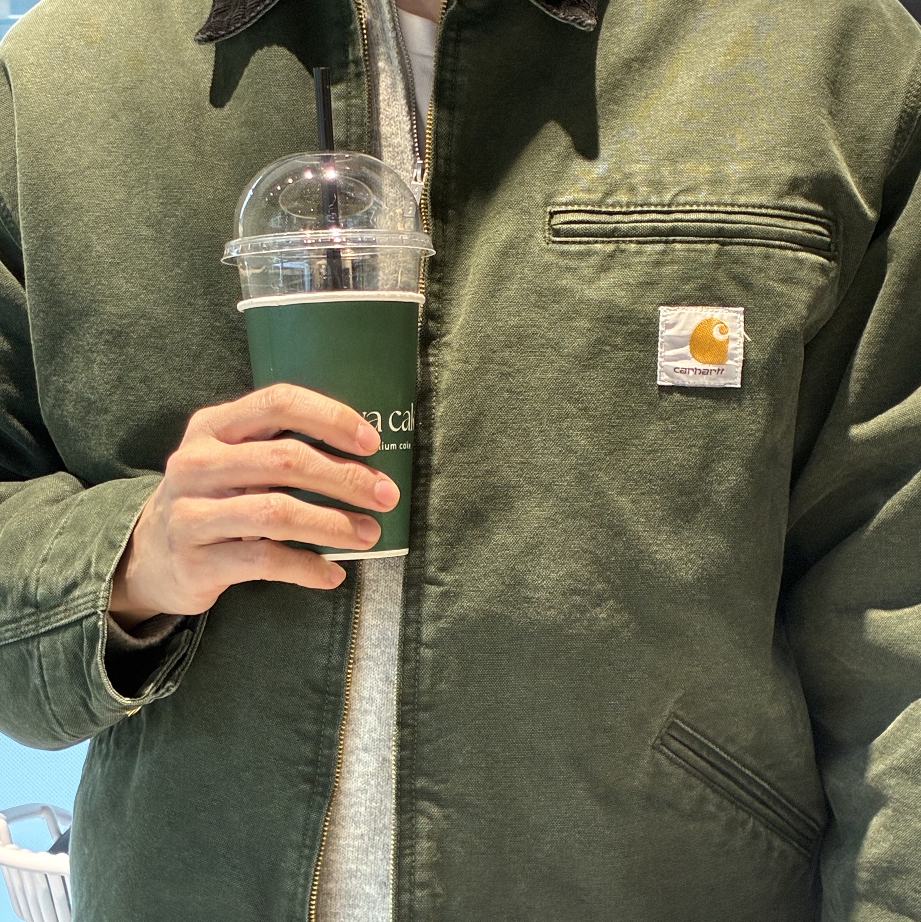 Carhartt WIP OG Detroit Jacket Olive Black Stone Canvas - Winter 착용 스타일