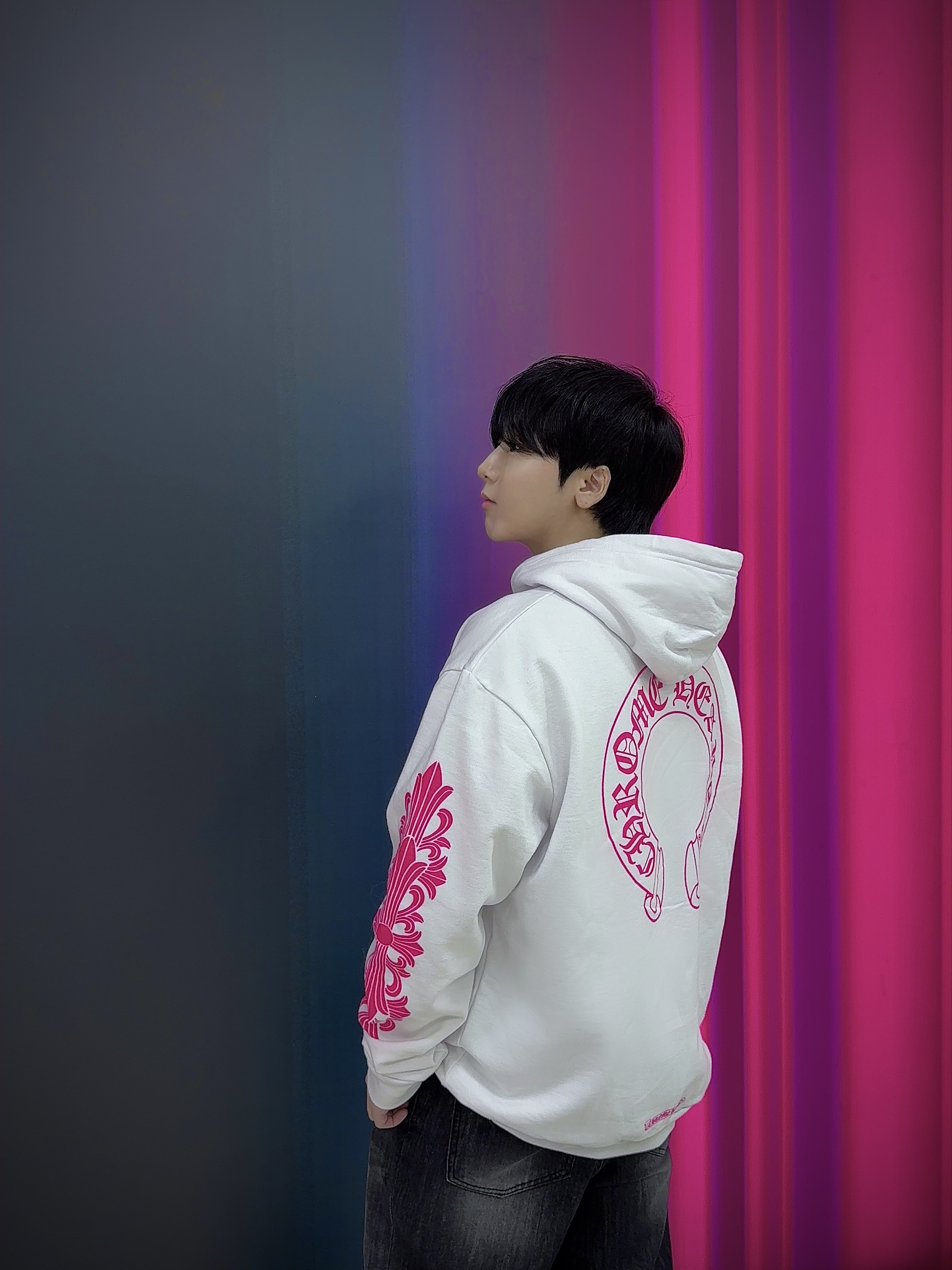 Chrome Hearts Horseshoe Logo Hoodie White Pink 착용 스타일 - 1