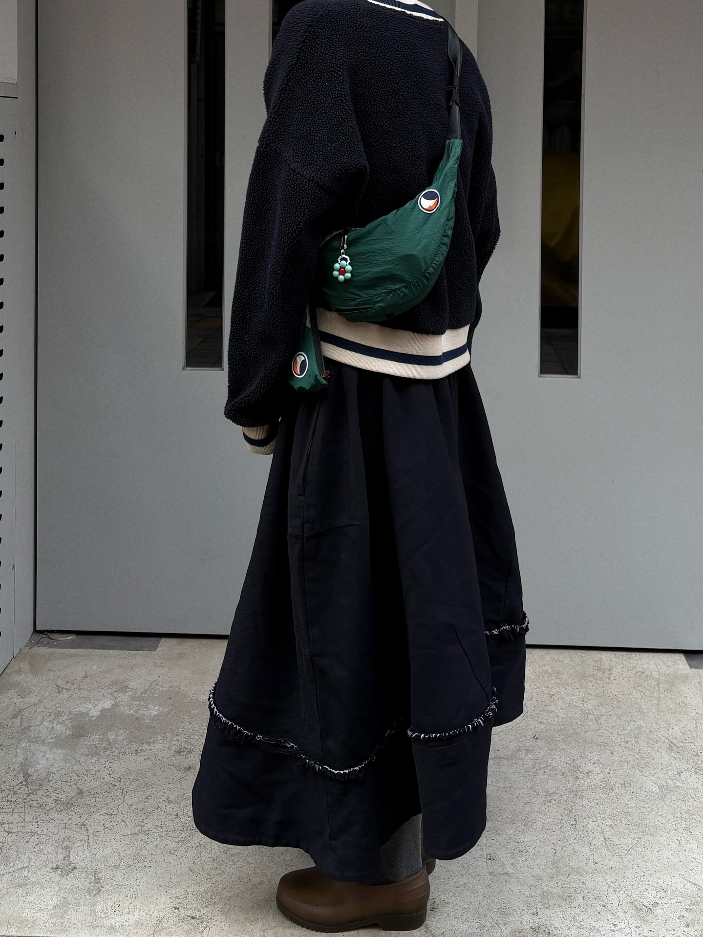 Ticket to the Moon Upcycled Sling Bag Dark Green Jade Green 착용 스타일