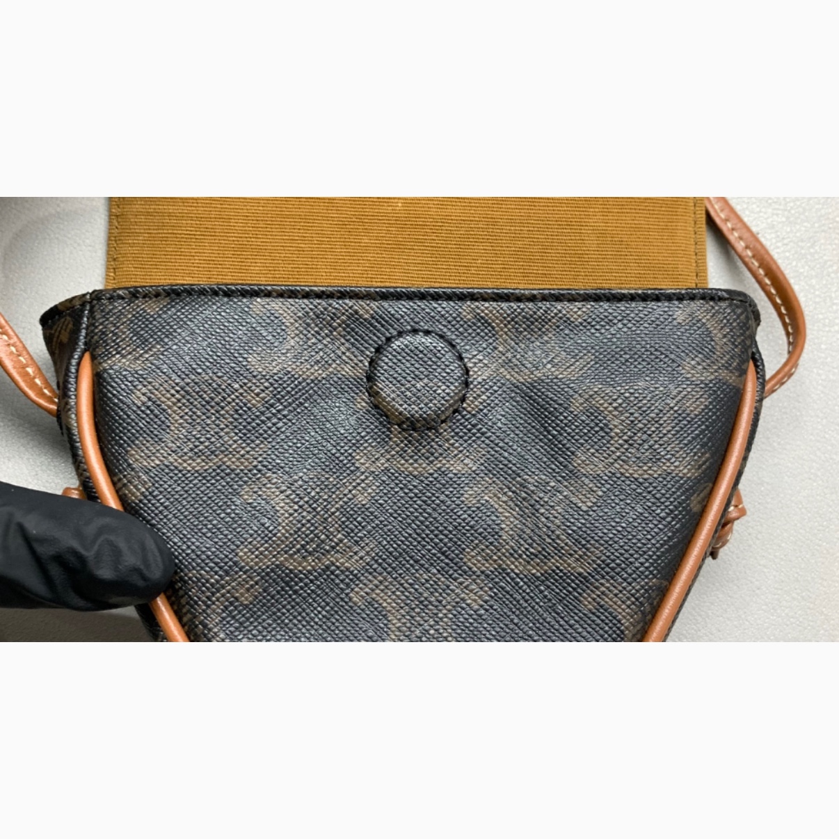 Celine Mini Triangle in Triomphe Canvas with Celine Print Tan 착용 스타일 - 1