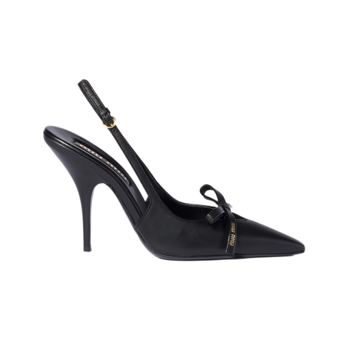 5I474E-79N-F0002 (W) Miu Miu Leather Slingback Pumps with Bow Black