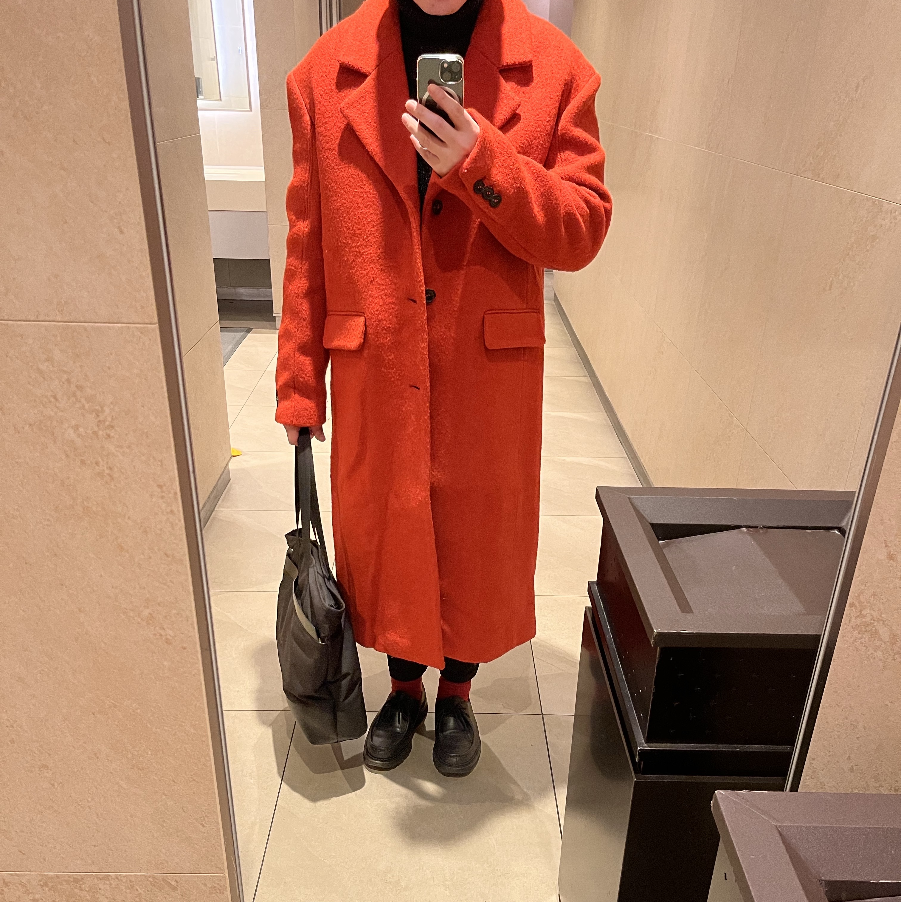 Zara x Ader Error Wool Blend Oversize Coat Orange 착용 스타일 - 1