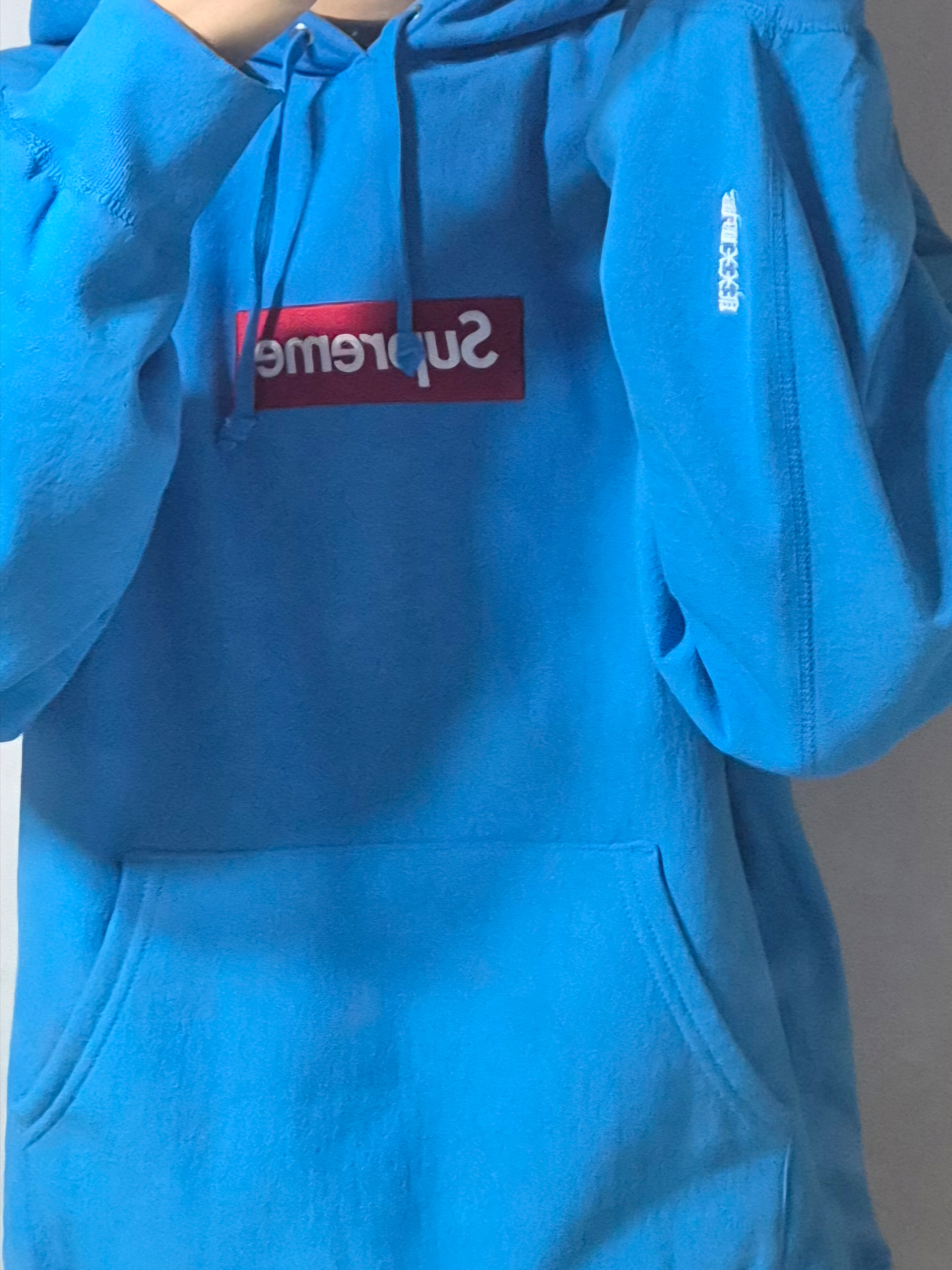 Supreme Box Logo Hooded Sweatshirt Cyan - 25FW 착용 스타일 - 3