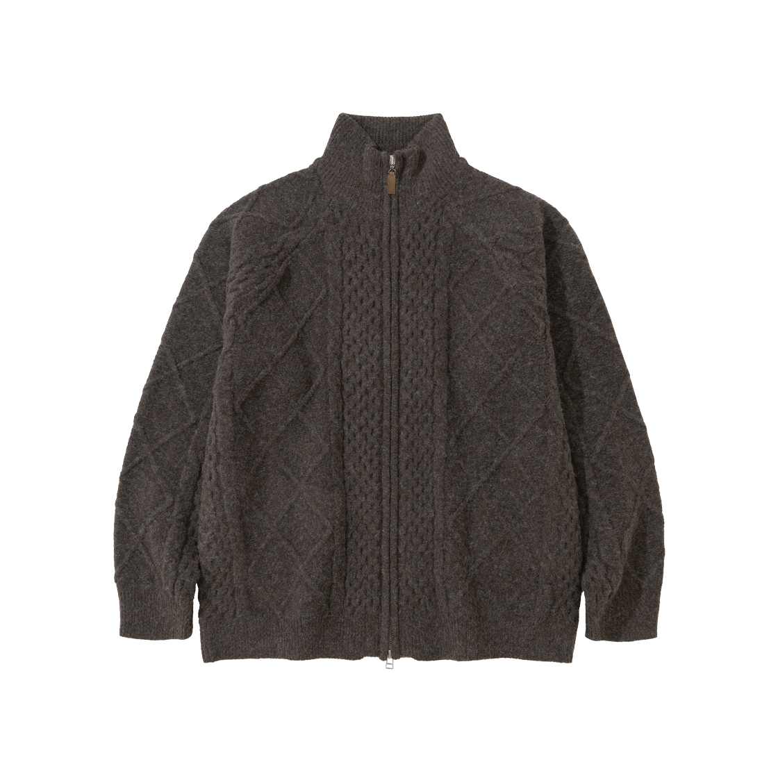 25FWLAB12WFKZ001 LAB TWELVE Washable Fisherman Knit Zip-up (Brown)