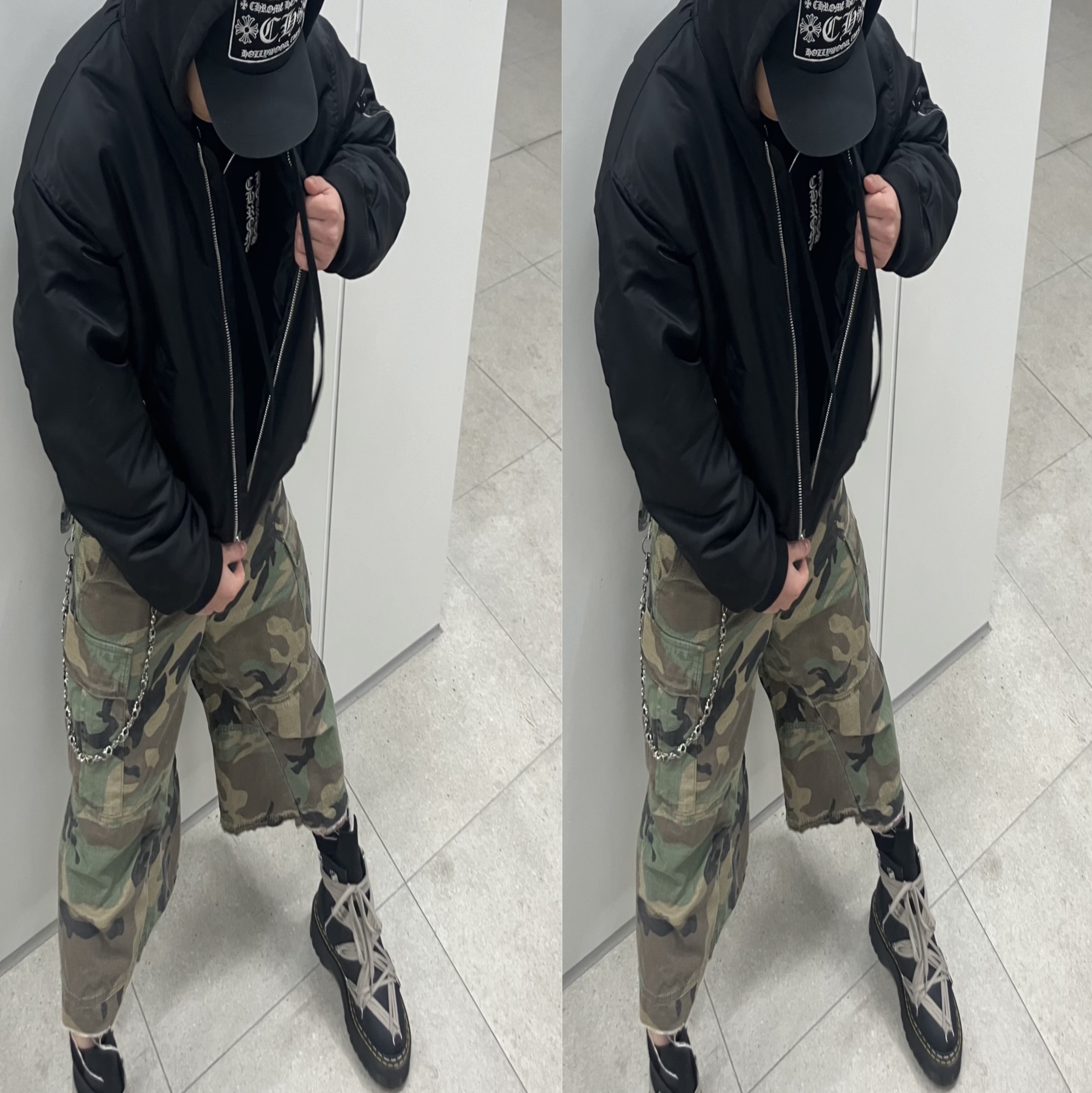 Dr. Martens x Rick Owens 1460 Quad Sole Mega Lace Boots Black, Chrome Vertical Logo Fleece Zip-Up Hoodie Black 착용 스타일