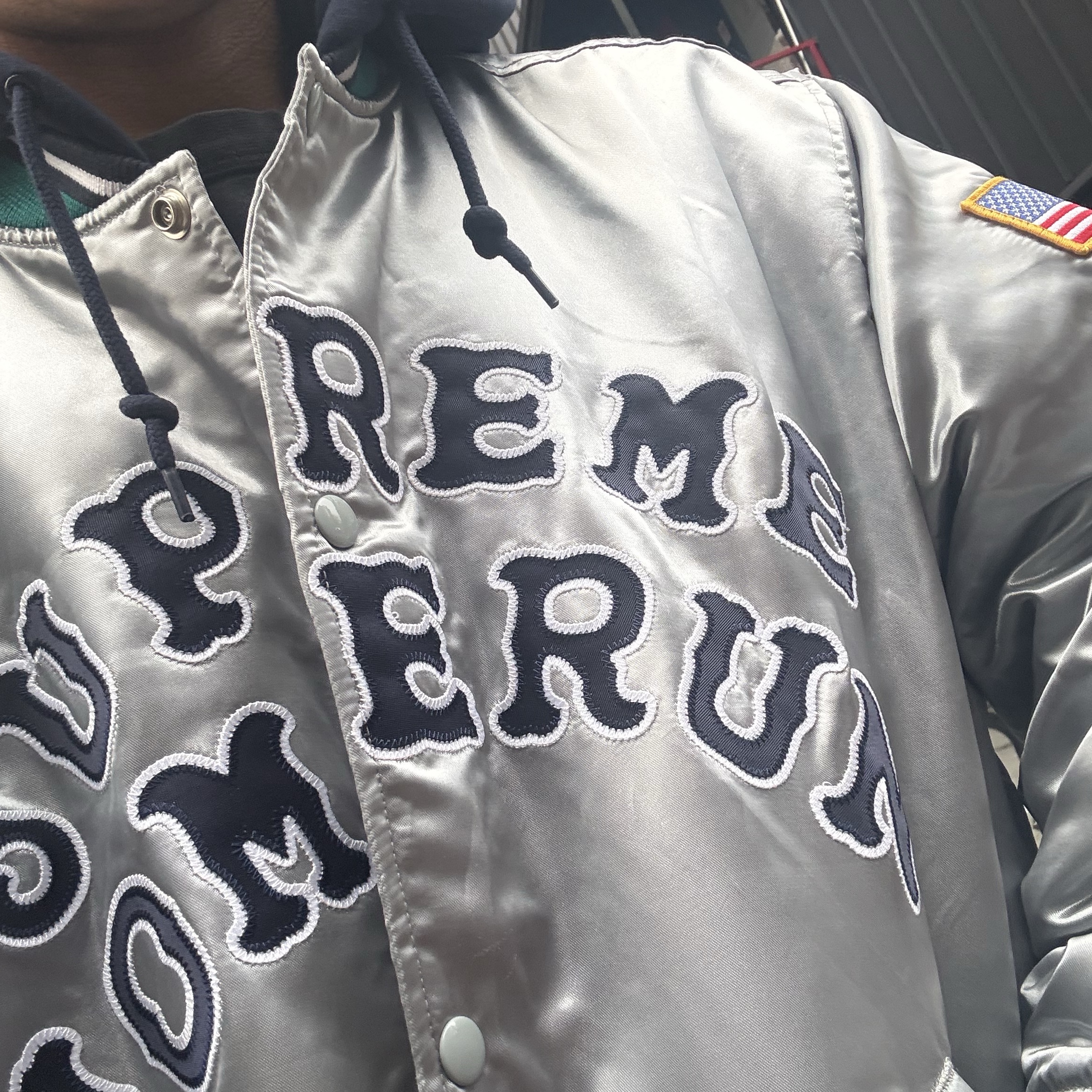 Supreme x Homerun Satin Hooded Varsity Jacket Silver - 25SS 착용 스타일