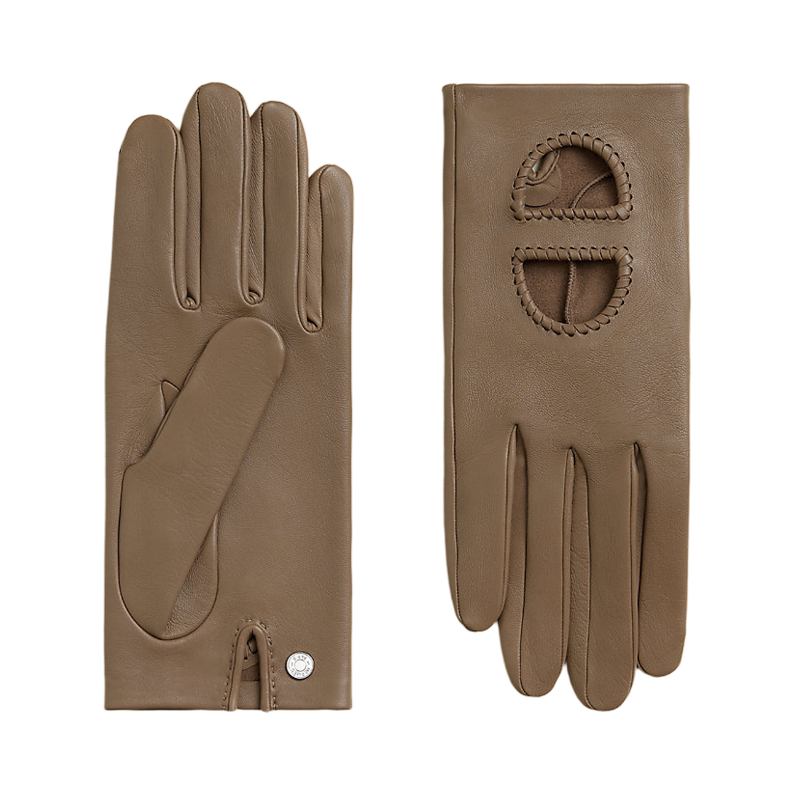 (W) 에르메스 마이옹 글러브 글로스드 램스킨 & 팔라듐 하드웨어 에뚜쁘((W) Hermes Maillons Gloves Glossed Lambskin & Palladium Etoupe) - 1