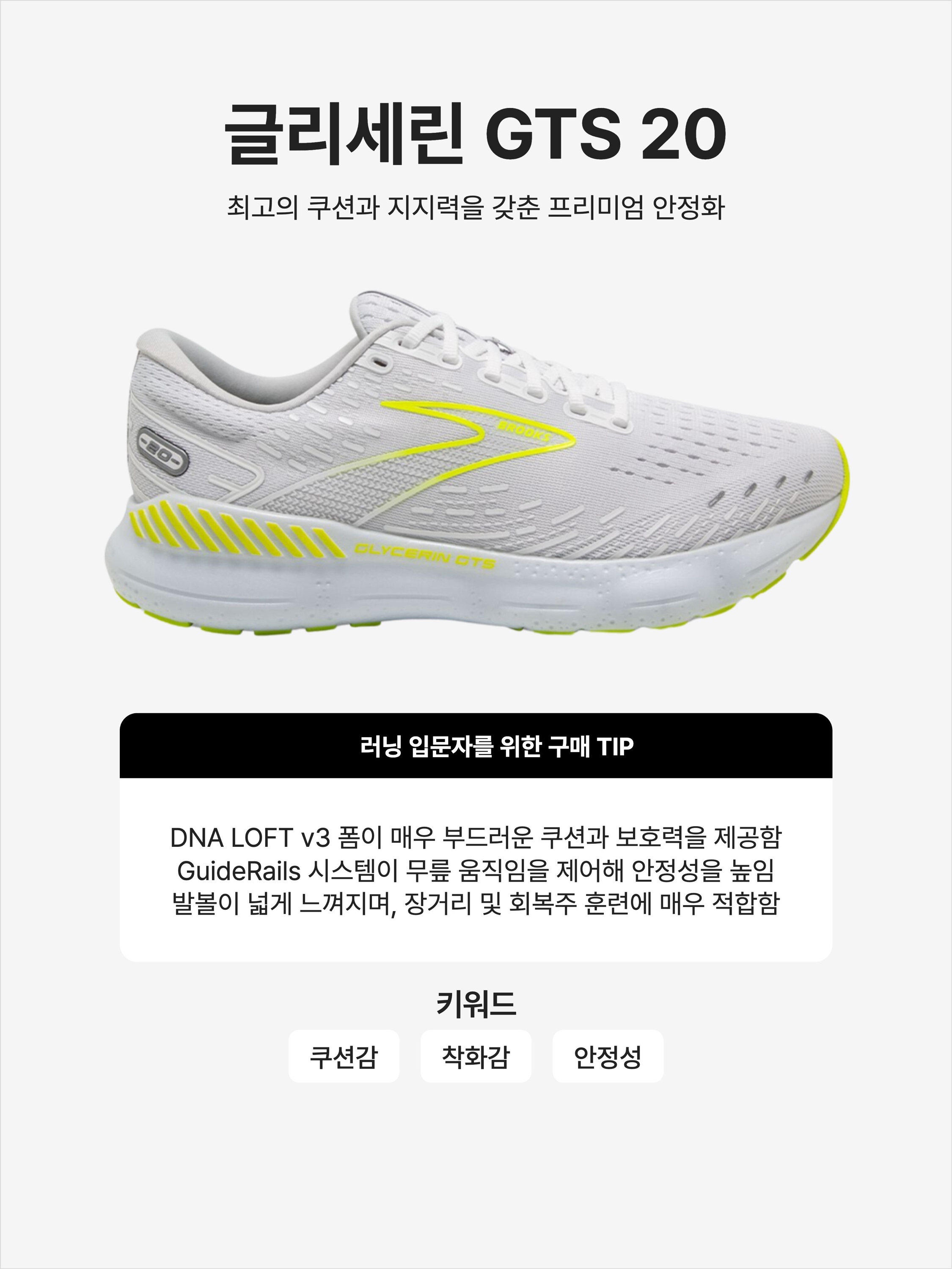 Brooks Running Glycerin GTS 20 White Nightlife - D Medium, Brooks Running Glycerin GTS 20 Black - 2E Wide 착용 스타일 - 1