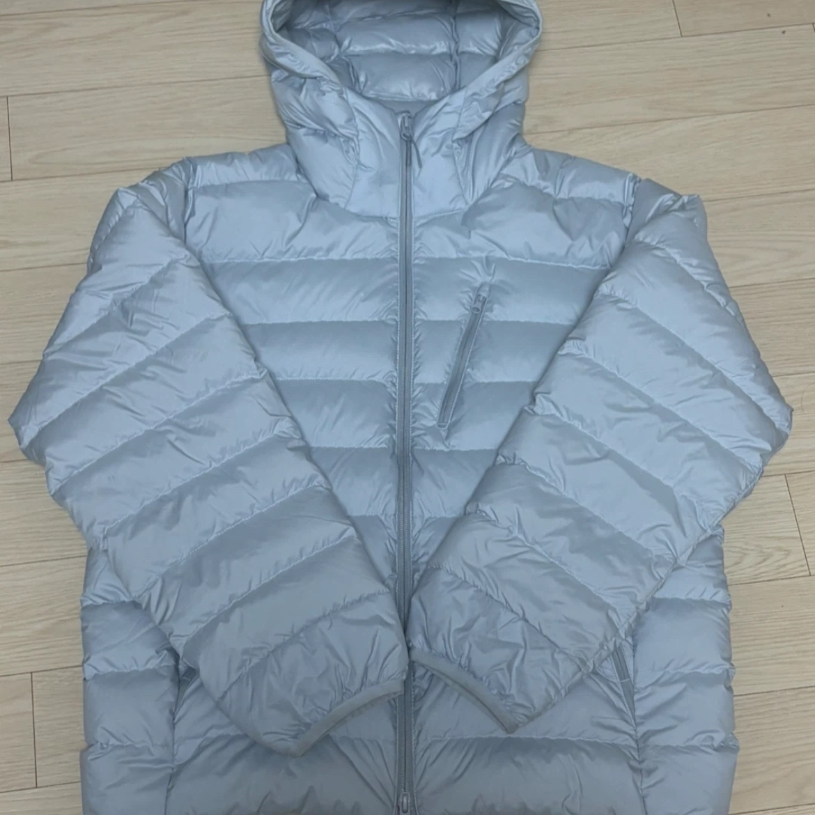 Musinsa Standard City Leisure Hooded Light Down Jacket Cloudy Blue 착용 스타일