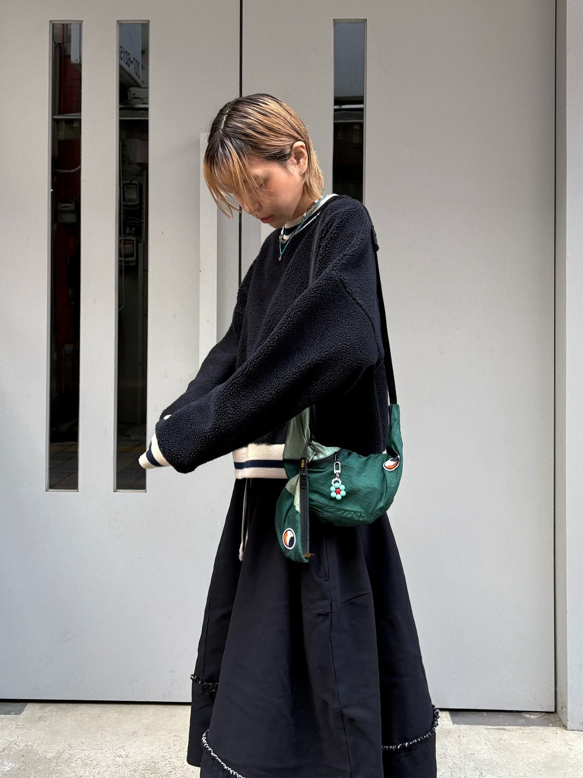 Ticket to the Moon Upcycled Sling Bag Dark Green Jade Green 착용 스타일