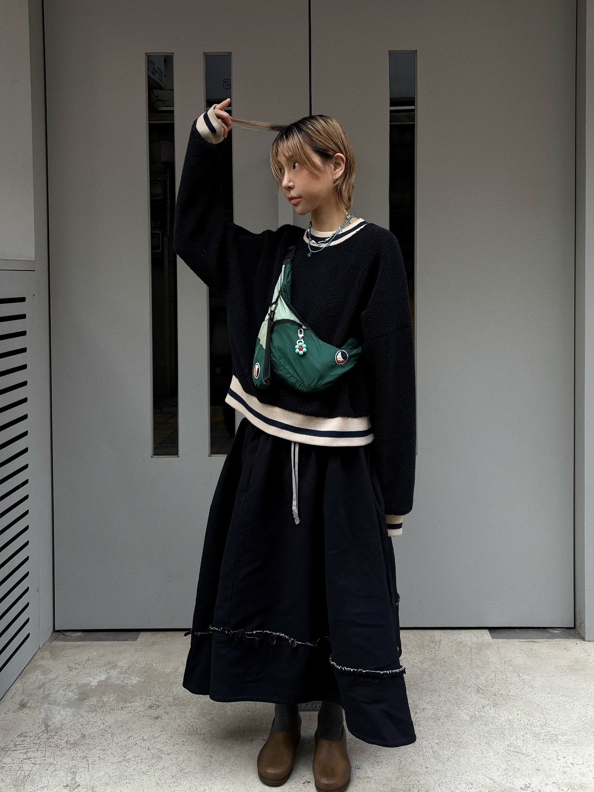 Ticket to the Moon Upcycled Sling Bag Dark Green Jade Green 착용 스타일