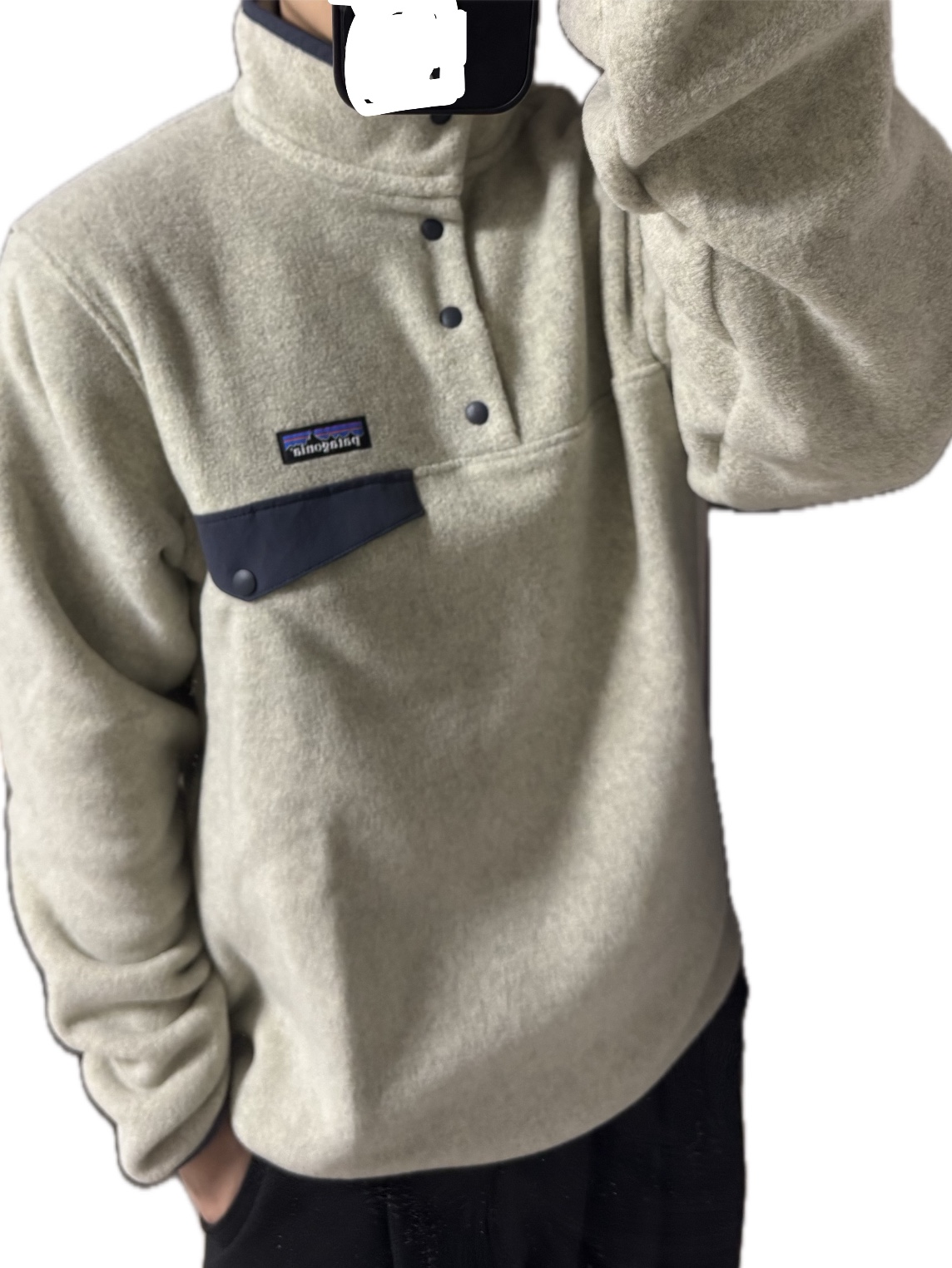 Patagonia Lightweight Synchilla Snap-T Fleece Pullover Oatmeal Heather/Smolder Blue/New Navy 착용 스타일 - 1